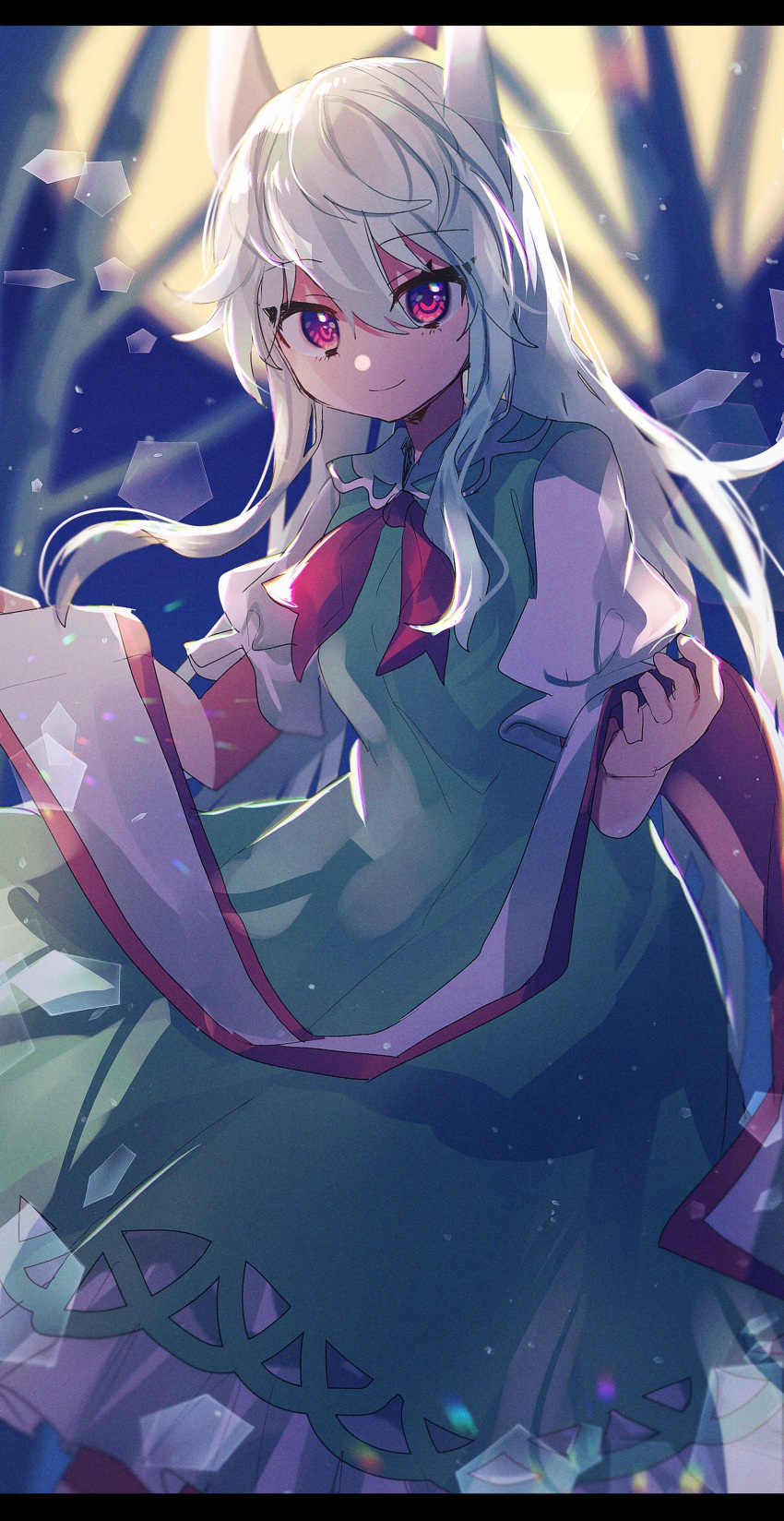 1girl absurdres bangs closed_mouth commentary_request dress ex-keine eyelashes green_dress hair_between_eyes haruwaka_064 highres holding holding_scroll horns kamishirasawa_keine letterboxed long_hair looking_at_viewer moon outdoors puffy_short_sleeves puffy_sleeves red_eyes scroll short_sleeves sidelocks smile solo touhou