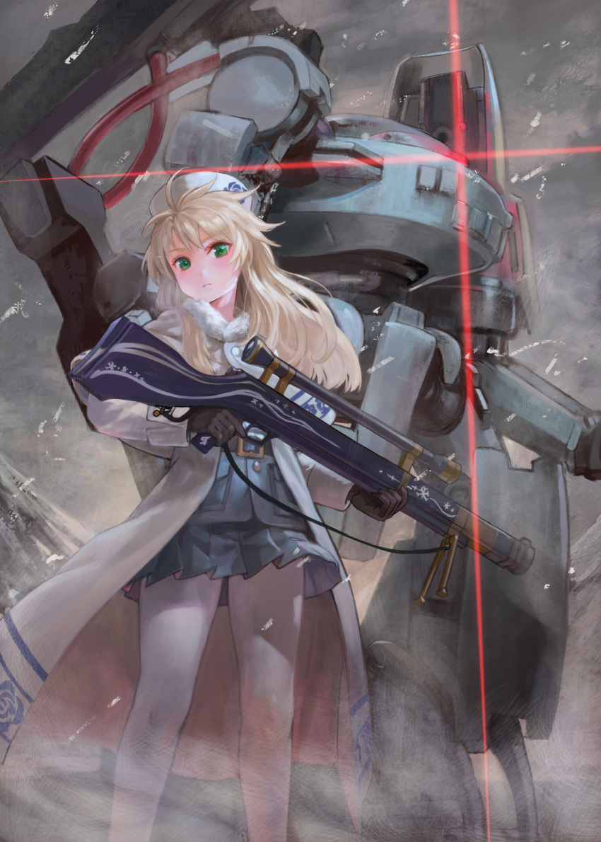 1girl absurdres ahoge belt blonde_hair blue_skirt blush breath brown_gloves cable capelet closed_mouth coat diffraction_spikes eyelashes eyeshadow floral_print fur_trim gloves glowing green_eyes grey_sky gun hat highres holding holding_gun holding_weapon long_hair looking_at_viewer makeup mecha mizore_akihiro multicolored_clothes official_art open_clothes open_coat original outdoors pantyhose pink_eyeshadow pink_skirt red_eyes robot rose_print scope skirt snow snowflake_print snowflakes snowing solo standing two-tone_skirt weapon white_capelet white_coat white_headwear white_pantyhose winter_clothes