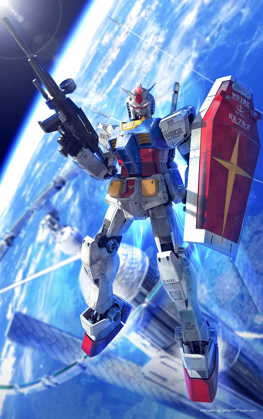 3d beam_rifle blurry blurry_background contrail earth_(planet) earth_federation energy_gun english_commentary english_text gundam highres in_orbit lens_flare light_rays logo looking_at_viewer machinery mecha michaellee4 missile mobile_suit mobile_suit_gundam no_humans planet realistic robot roundel rx-78-2 science_fiction shield space_station spacecraft sun sunlight thrusters weapon zero_gravity