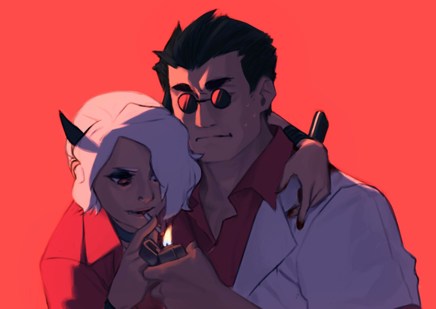 1boy 1girl black_hair black_horns cigarette demon_girl demon_horns helltaker helltaker_(character) highres horns phearo red_background red_eyes red_shirt round_eyewear shirt sunglasses white_hair zdrada_(helltaker)