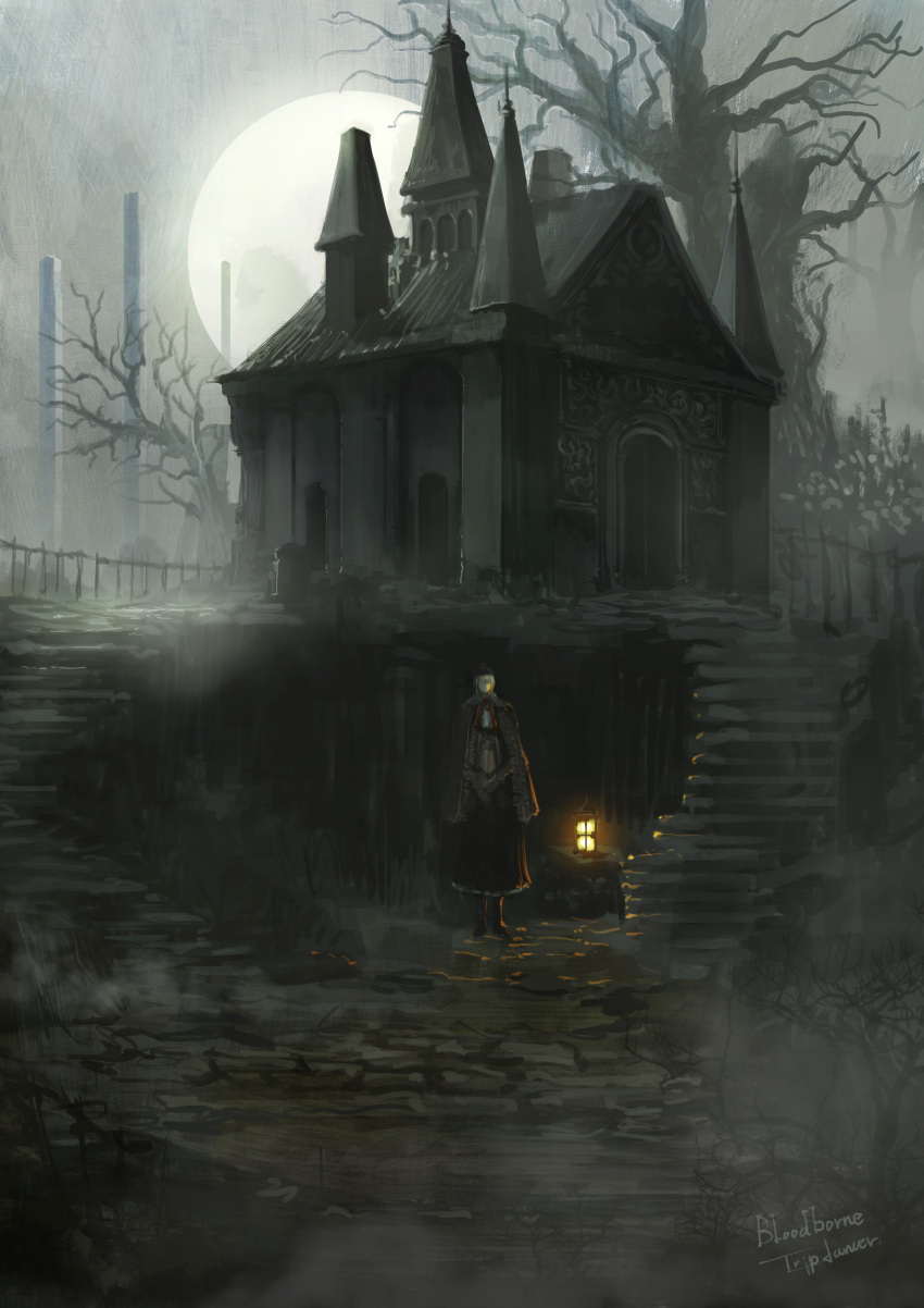 1girl absurdres artist_name bloodborne building cloak copyright_name dress highres lamp light moon night outdoors own_hands_together plain_doll scenery shoes solo stairs tombstone tree tripdancer