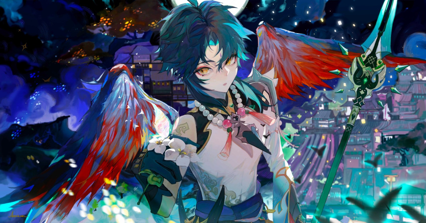 1boy ahoge arm_guards arm_tattoo armian6w6 armor asymmetrical_clothes bangs bead_necklace beads black_gloves black_hair bug butterfly detached_sleeves eyeshadow facial_mark flower forehead_mark genshin_impact gloves glowing_butterfly green_butterfly green_gloves green_hair highres jewelry makeup mask multicolored_hair necklace parted_bangs pendant red_eyeshadow red_wings short_hair short_hair_with_long_locks shoulder_armor shoulder_pads shoulder_spikes sidelocks single_bare_shoulder single_detached_sleeve slit_pupils spikes tassel tattoo toned toned_male two-tone_hair white_flower wide_sleeves wings xiao_(genshin_impact) yellow_eyes
