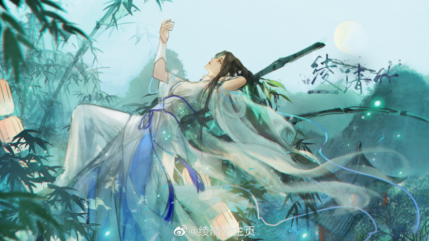 1girl absurdres arm_behind_head bamboo black_hair blue_sky brown_hair cup dress earrings from_side highres holding holding_cup jewelry lantern leaning_back leg_up light ling_qingzhu_(wu_dong_qian_kun) moon mountain ponytail rooftop second-party_source sky solo white_dress wu_dong_qian_kun zacao_tong