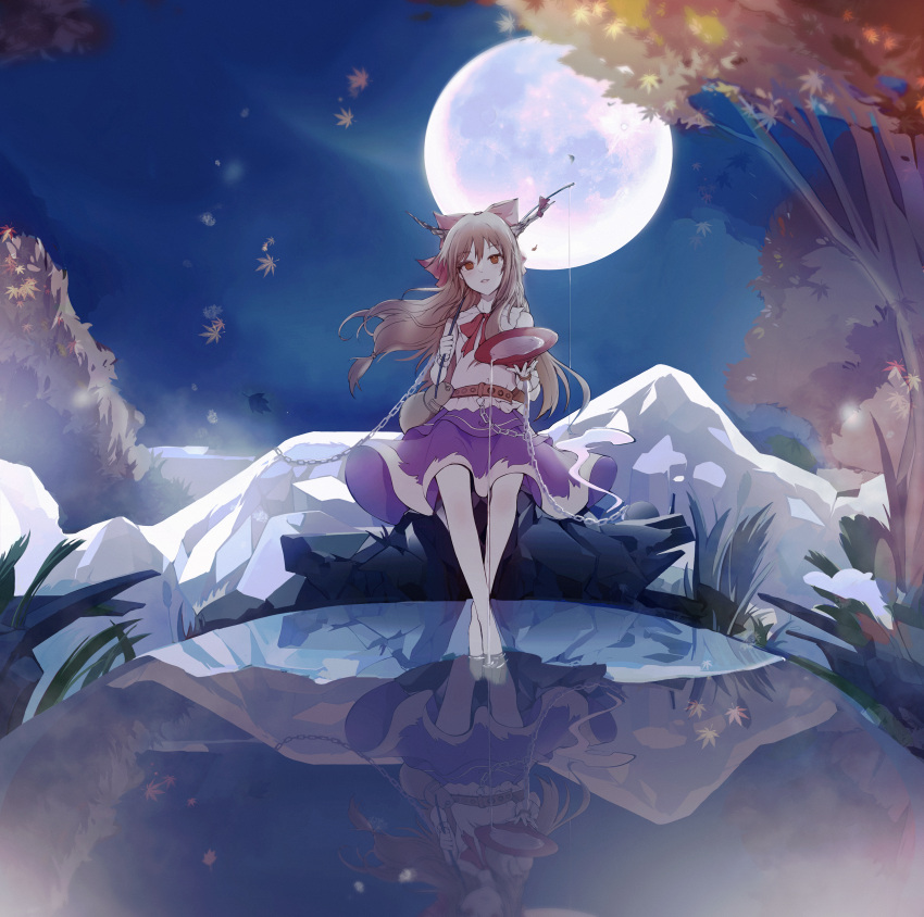 1girl absurdres alaneo alcohol alternate_eye_color autumn_leaves bangs bare_shoulders barefoot belt blue_sky bottle bow bowl bowtie brown_eyes buttons chain clouds cloudy_sky collared_shirt commentary_request frills full_moon grey_shirt hair_between_eyes hair_ornament hands_up highres horns ibuki_suika leaf long_hair looking_at_viewer moon nature night night_sky open_mouth orange_hair outdoors purple_ribbon purple_skirt red_belt red_bow red_bowtie reflection ribbon rock sake scenery shirt sitting skirt sky sleeveless sleeveless_shirt smile solo star_(sky) starry_sky touhou tree water wrist_cuffs