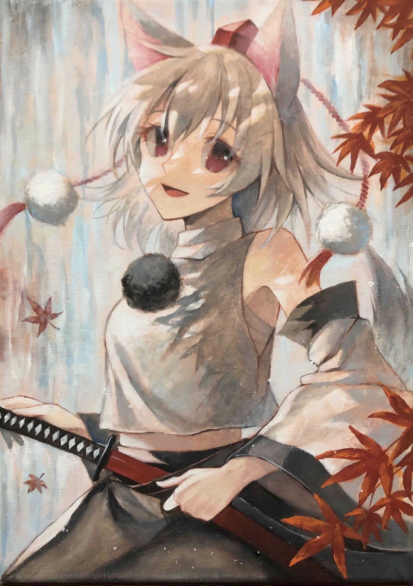 1girl :d animal_ears bangs bare_shoulders black_skirt detached_sleeves highres holding holding_sheath holding_sword holding_weapon inubashiri_momiji kaede_(mmkeyy) katana leaf looking_at_viewer maple_leaf open_mouth petals pom_pom_(clothes) red_eyes sheath short_hair skirt smile solo sword touhou traditional_media weapon white_hair white_sleeves wolf_ears wolf_girl
