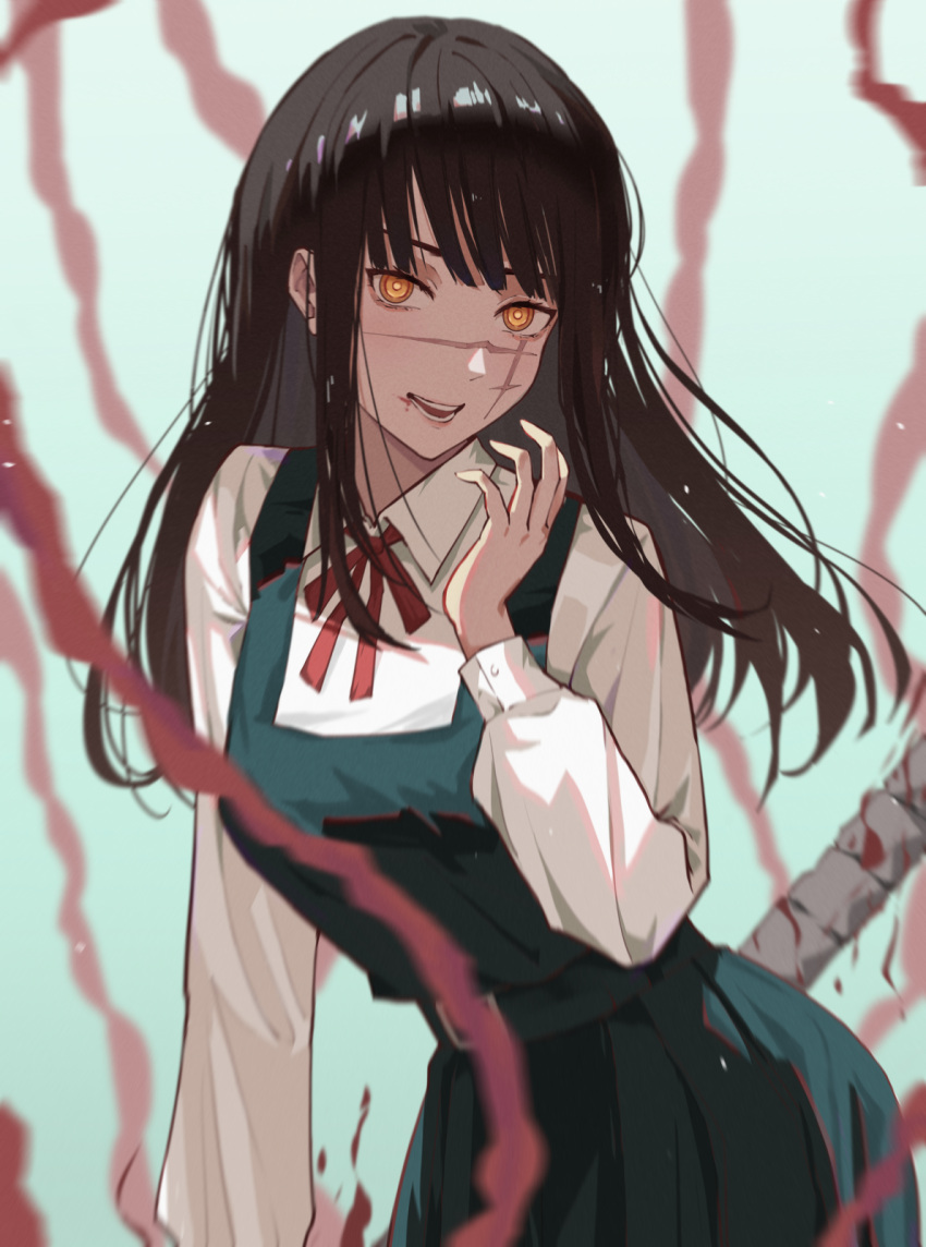 1girl aqua_dress blood blurry blurry_background blurry_foreground brown_hair chainsaw_man collared_shirt dress gcef3535 grey_background highres long_hair long_sleeves looking_at_viewer mitaka_asa neck_ribbon open_mouth pinafore_dress red_ribbon ribbon scar scar_on_cheek scar_on_face school_uniform shiny shiny_hair shirt sleeveless sleeveless_dress solo straight_hair war_devil_(chainsaw_man) white_shirt wing_collar yellow_eyes