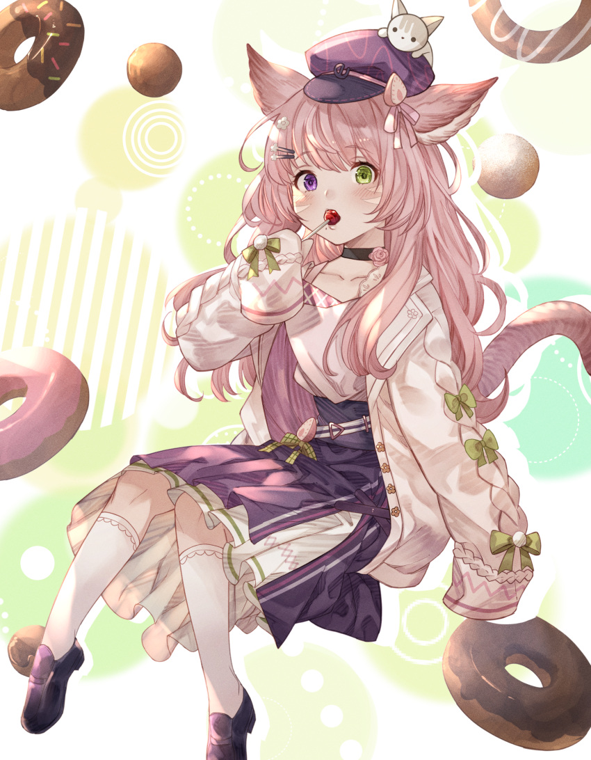 1girl absurdres animal_ears animal_on_head ayacho candy cat cat_ears cat_girl cat_tail choker commission doughnut food green_eyes hat heterochromia high-waist_skirt highres jacket layered_skirt lollipop long_hair long_sleeves on_head open_clothes open_jacket original pink_hair purple_skirt shirt skeb_commission skirt sleeves_past_fingers sleeves_past_wrists tail violet_eyes white_jacket white_shirt