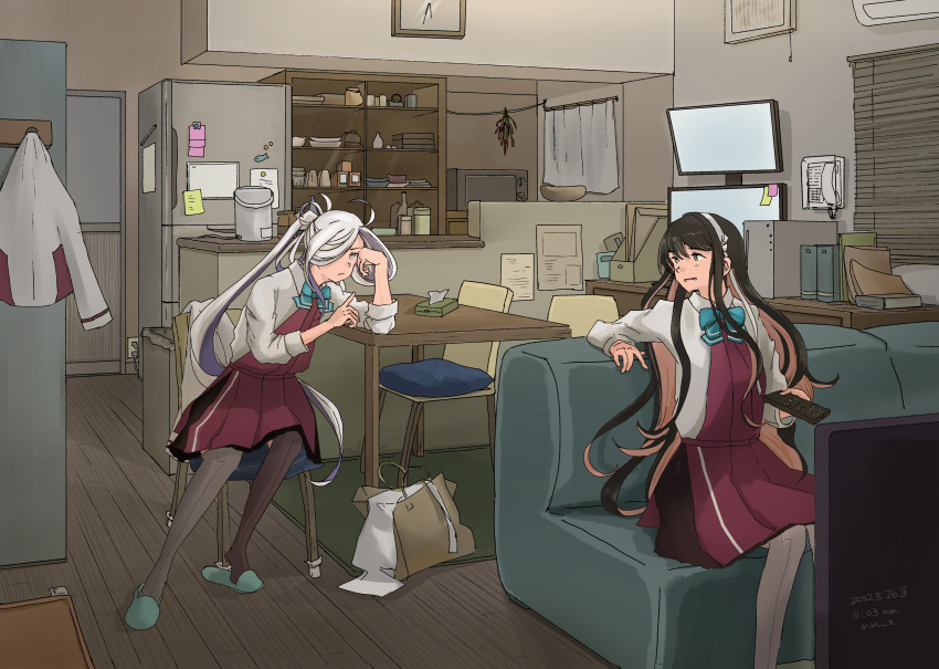 2girls absurdres asashimo_(kancolle) black_hair blue_bow blue_bowtie bow bowtie chair clock closed_mouth colored_inner_hair commentary_request controller couch cushion dress fang grey_eyes hairband halterneck highres holding holding_controller kantai_collection kuragare long_hair multicolored_hair multiple_girls naganami_(kancolle) open_mouth pantyhose pink_hair ponytail purple_dress refrigerator shirt sitting table television two-tone_hair white_hair white_hairband white_shirt yellow_eyes