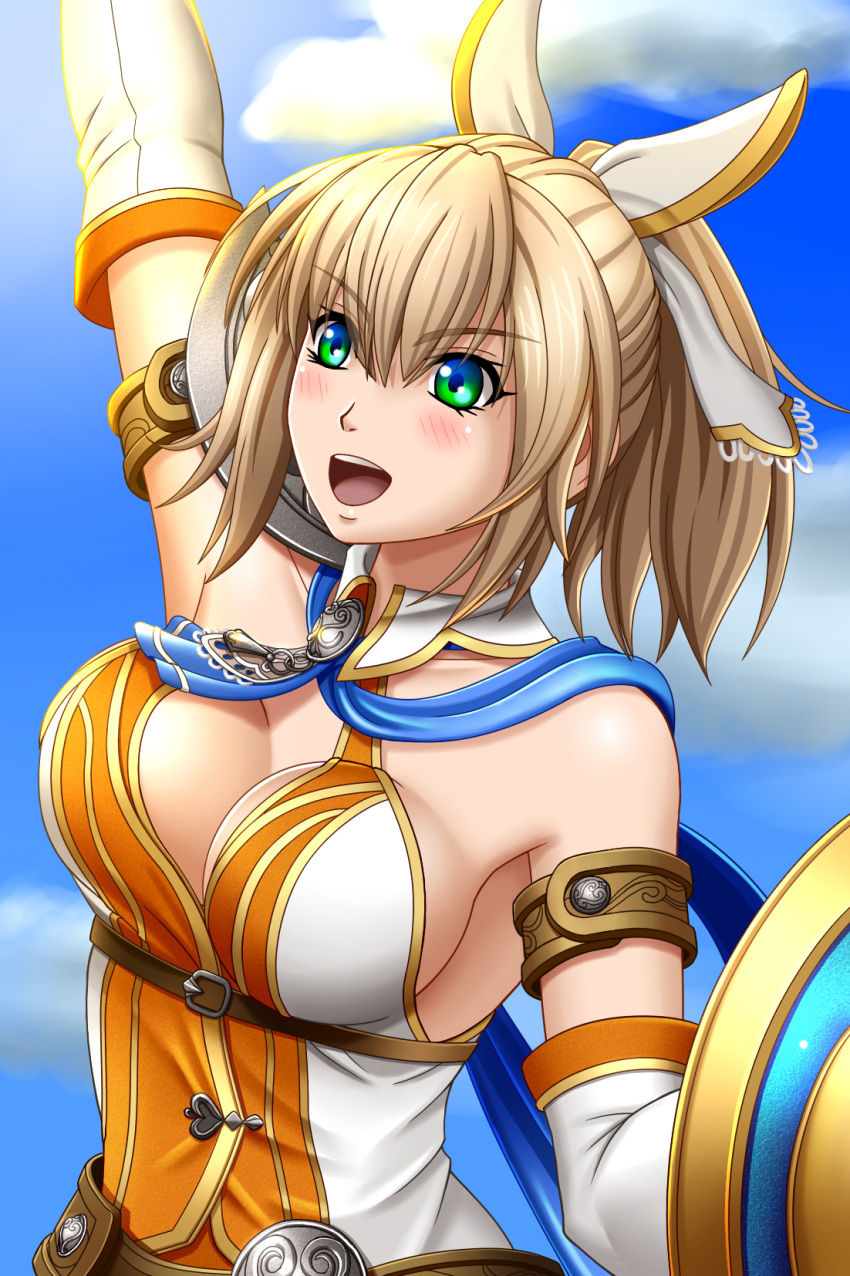 1girl armor armpits ascot belt blonde_hair blue_scarf blue_sky breasts cassandra_alexandra cleavage_cutout clothing_cutout clouds cloudy_sky day dress elbow_gloves gloves green_eyes hair_between_eyes hair_ribbon highres medium_breasts multiple_belts nekogoya open_mouth orange_dress pauldrons ponytail ribbon scarf shield shoulder_armor single_pauldron sky smile solo soulcalibur soulcalibur_vi two-tone_dress upper_body white_dress white_ribbon