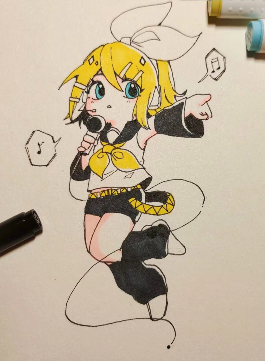 1girl black_sailor_collar black_shorts black_sleeves blonde_hair blue_eyes bow chibi commentary detached_sleeves flat_chest hair_bow hair_ornament hairclip highres holding holding_microphone kagamine_rin marker_(medium) medium_hair microphone musical_note neck_ribbon nicheng_quianleliao_baomixieyi ribbon sailor_collar sailor_shirt shirt shorts solo speech_bubble spoken_musical_note symbol-only_commentary traditional_media triangle_mouth vocaloid white_bow yellow_belt yellow_ribbon