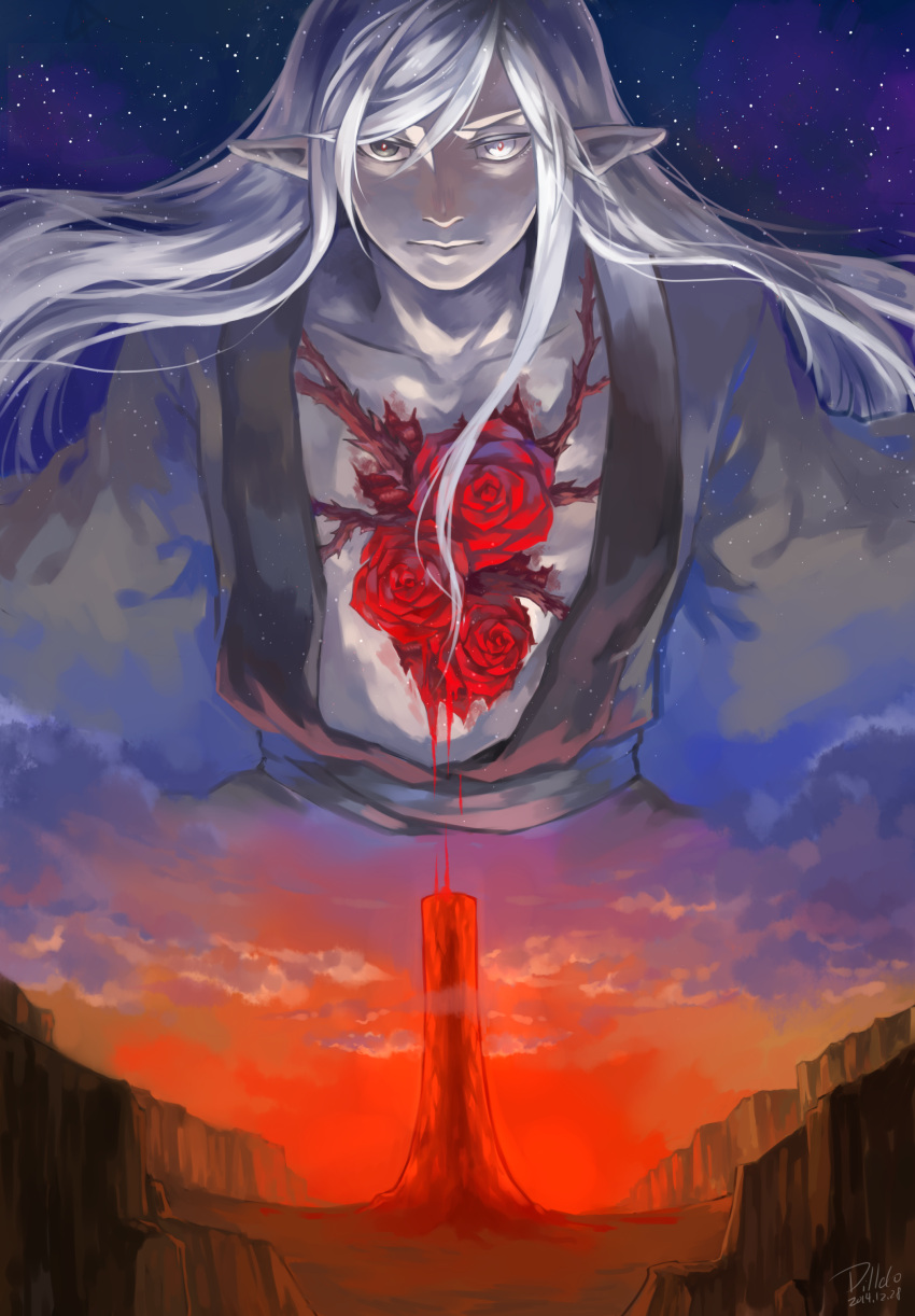 1boy absurdres bleeding blood blue_sky bright_pupils closed_mouth clouds cloudy_sky collarbone colored_skin dated elf flower grey_eyes grey_skin hair_between_eyes half-closed_eyes heterochromia highres ilion long_hair male_focus original pillar pointy_ears red_flower red_rose red_sky rose scenery signature sky solo star_(sky) starry_sky thorns white_eyes white_hair white_pupils