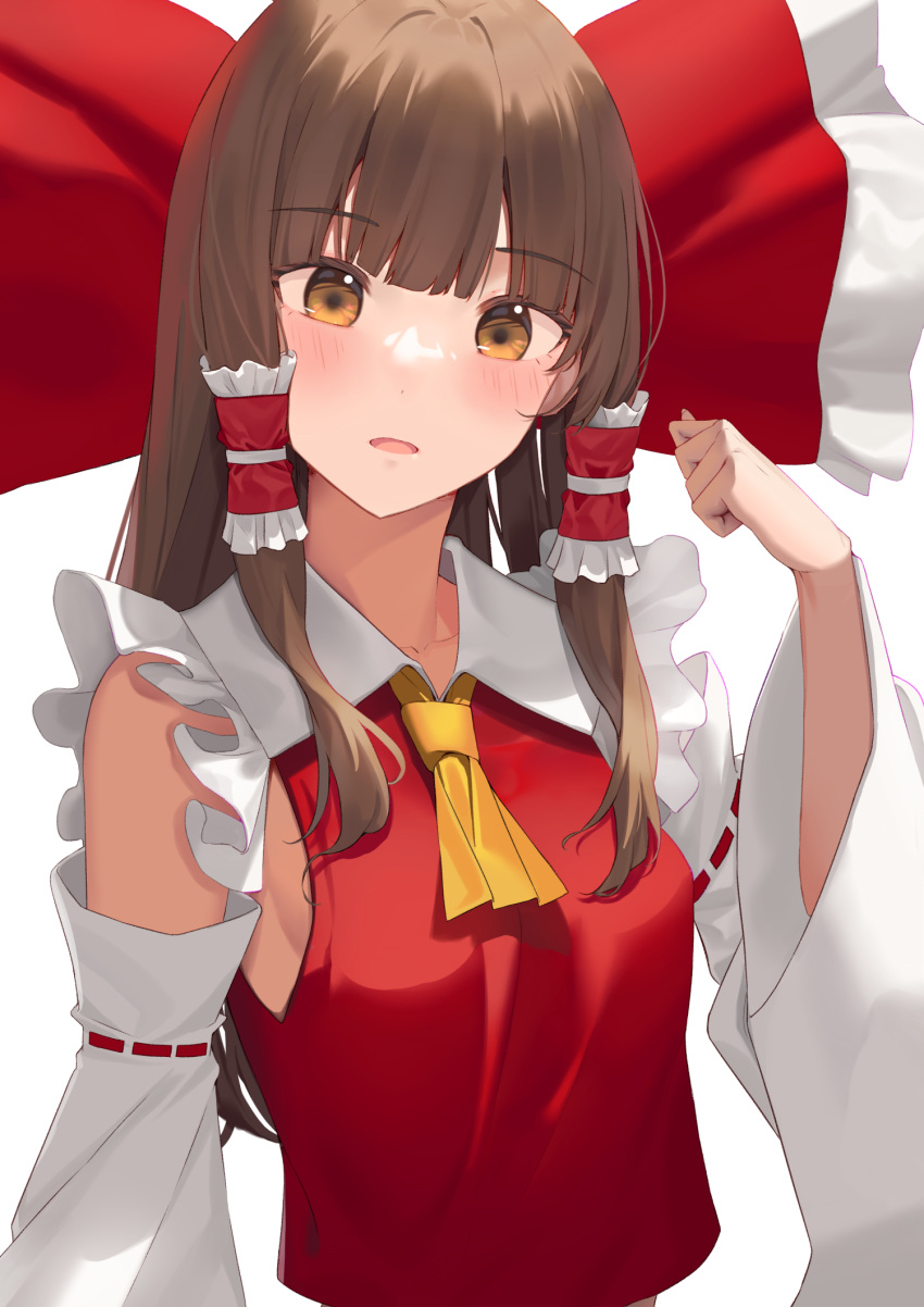 1girl ascot bangs blunt_bangs blush breasts brown_eyes brown_hair collarbone detached_sleeves frilled_hair_tubes frills hair_tubes hakurei_reimu highres long_hair long_sleeves looking_at_viewer open_mouth paso_neko red_shirt ribbon-trimmed_sleeves ribbon_trim shirt sideboob simple_background sleeveless sleeveless_shirt small_breasts solo touhou upper_body white_background white_sleeves wide_sleeves yellow_ascot