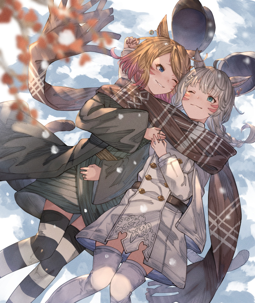 2girls ;) ;d animal_ears avatar_(ff14) ayacho black_thighhighs blonde_hair blue_eyes blurry braid cat_ears cat_girl cat_tail coat depth_of_field dress facial_mark final_fantasy final_fantasy_xiv gradient_hair grey_hair hat hat_removed headwear_removed highres long_coat long_sleeves lying medium_hair miqo'te multicolored_hair multiple_girls on_back on_ground one_eye_closed open_clothes open_coat pink_hair scarf shared_clothes shared_scarf short_hair smile snow striped striped_thighhighs tail thigh-highs twin_braids two-tone_thighhighs whisker_markings white_dress white_thighhighs wide_sleeves
