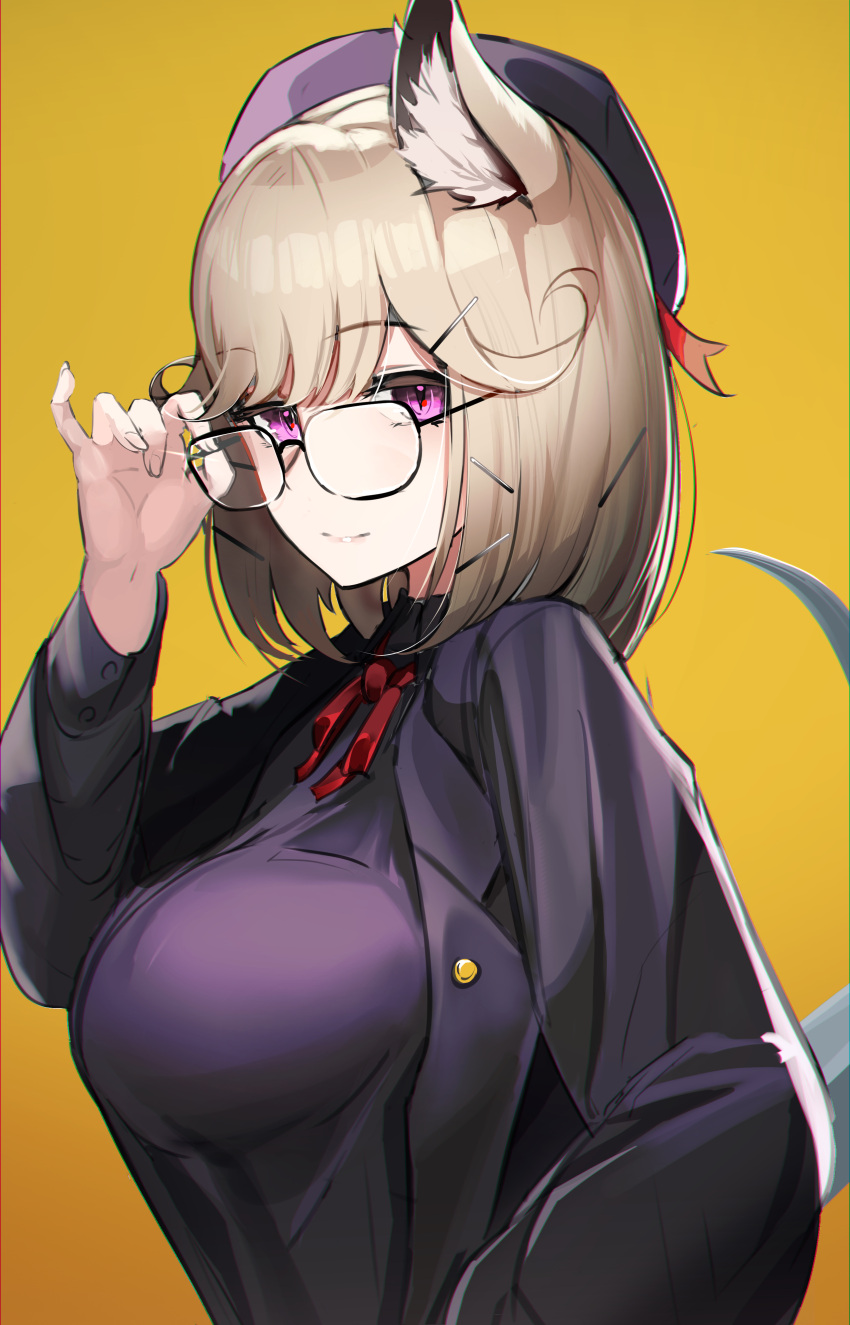 1girl absurdres adjusting_eyewear animal_ear_fluff animal_ears arknights badge bangs beret black_coat black_headwear black_shirt blonde_hair breasts button_badge closed_mouth coat collared_shirt from_side glasses hair_ornament hairclip hat hat_ribbon highres hiyaori_(hiyahiyaval) large_breasts long_sleeves looking_at_viewer medium_hair neck_ribbon official_alternate_costume pink_eyes pinky_out puffy_sleeves red_ribbon ribbon shirt smile solo swept_bangs tail upper_body utage_(arknights) utage_(disguise)_(arknights) yellow_background