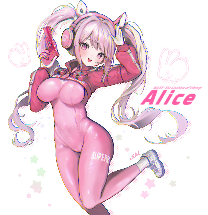 10_04ten 1girl absurdres alice_(goddess_of_victory:_nikke) blush bodysuit breasts goddess_of_victory:_nikke grey_hair gun handgun headset highres latex latex_bodysuit leg_up long_hair medium_breasts pink_bodysuit pink_eyes smile solo twintails very_long_hair weapon weapon_request