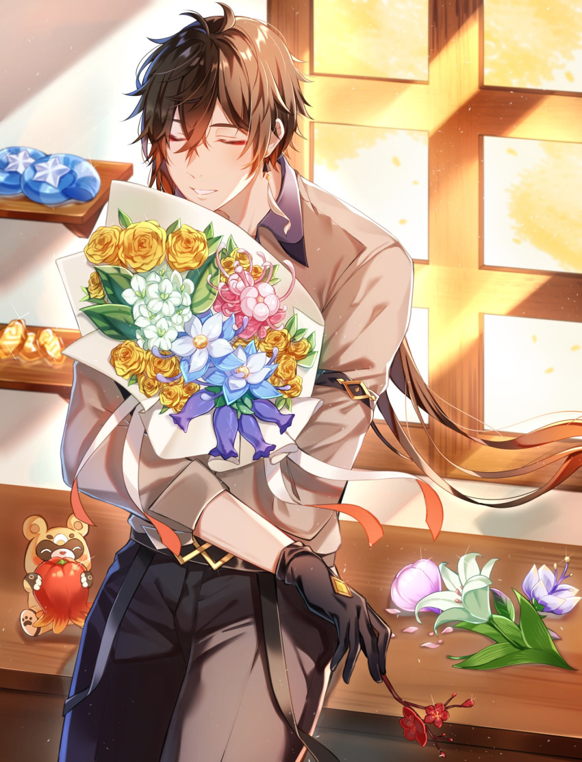 1boy against_table antenna_hair bangs black_gloves black_pants blush bouquet brown_hair cecilia_flower_(genshin_impact) closed_eyes collared_shirt commentary_request cor_lapis_(genshin_impact) earrings genshin_impact glaze_lily gloves gradient_hair guoba_(genshin_impact) hair_between_eyes highres holding holding_bouquet jewelry low_ponytail male_focus multicolored_hair onigiri_yumi09 orange_hair pants qingxin_flower red_eyeliner shelf shirt silk_flower_(genshin_impact) single_earring smile solo star_conch_(genshin_impact) tassel tassel_earrings window wing_collar zhongli_(genshin_impact)