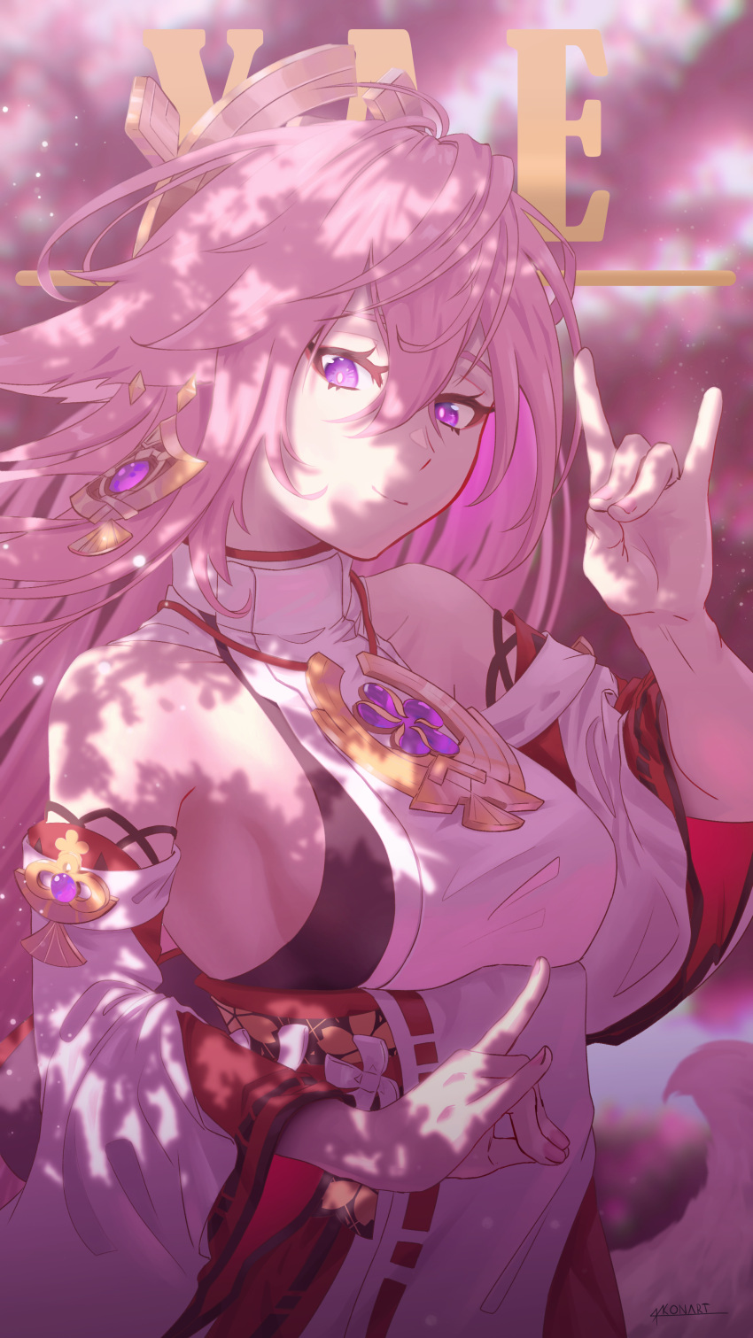 1girl absurdres animal_ears bare_shoulders blurry blurry_background bright_pupils character_name cherry_blossoms chromatic_aberration closed_mouth collarbone detached_sleeves earrings fingernails fox_ears fox_girl fox_shadow_puppet fox_tail gem genshin_impact hair_between_eyes highres jewelry long_hair looking_at_viewer outdoors pink_hair pink_nails pink_theme purple_gemstone ricardo_contreras signature single_earring smile solo tail tree turtleneck violet_eyes vision_(genshin_impact) white_pupils yae_miko