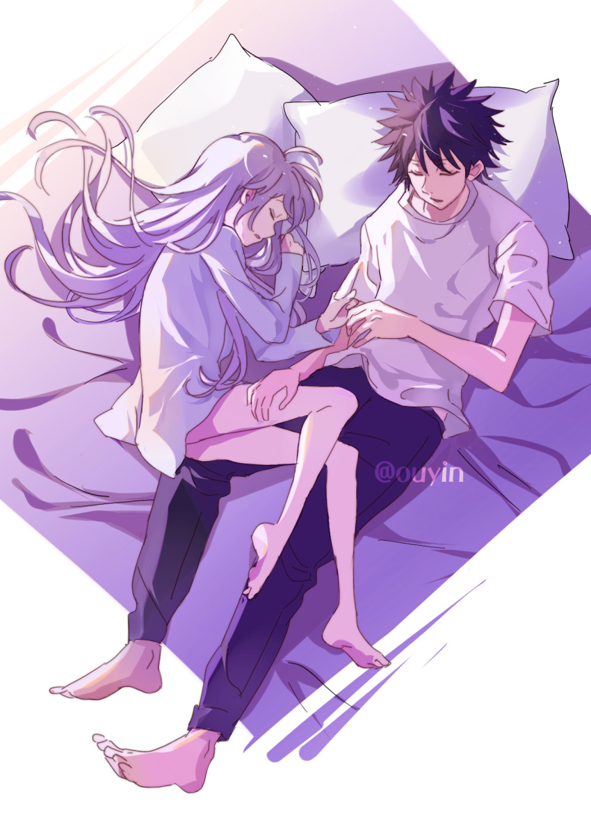 1boy 1girl bare_legs barefoot black_hair closed_eyes from_above grey_hair hand_on_another's_leg highres index_(toaru_majutsu_no_index) kamijou_touma long_hair lying naked_shirt on_back on_side open_mouth ouyin pants pillow purple_pants shirt short_hair sketch sleeping spiky_hair straight_hair t-shirt toaru_majutsu_no_index twitter_username very_long_hair white_shirt