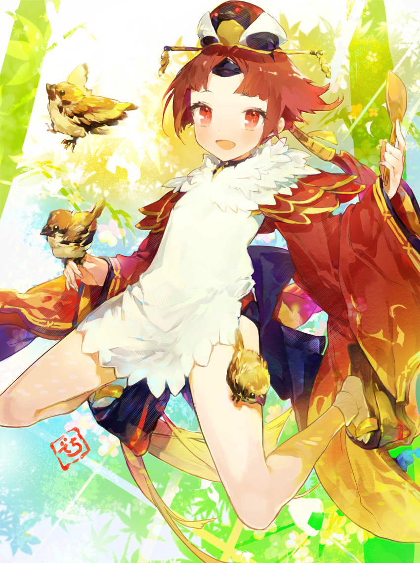 1girl :o absurdres animal_hat apron bangs benienma_(fate) bird bird_hat blonde_hair blush brown_headwear commentary_request fate/grand_order fate_(series) feather_trim full_body gradient_hair hat highres holding holding_spoon horns japanese_clothes kimono long_hair long_sleeves looking_at_viewer low_ponytail multicolored_hair oni_horns open_mouth parted_bangs platform_footwear ponytail red_eyes red_kimono redhead shamoji short_kimono smile socha_(sotyahamu) solo sparrow spoon two-tone_hair very_long_hair white_apron wide_sleeves wooden_spoon