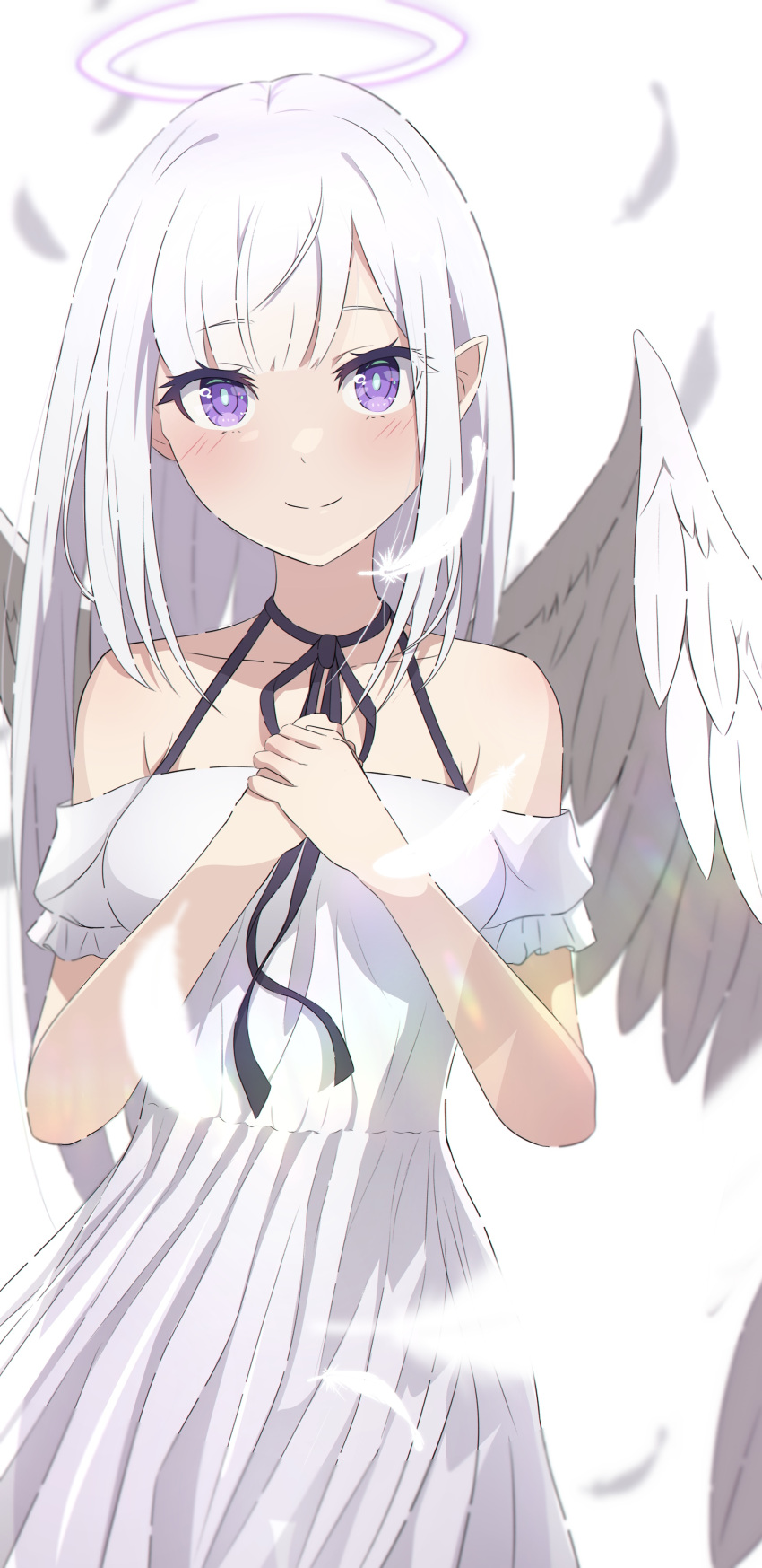 1girl absurdres angel angel_wings bangs bare_shoulders blunt_bangs blurry blurry_background blurry_foreground blush camui1104 closed_mouth collarbone cowboy_shot dress emilia_(re:zero) falling_feathers glowing halo hands_on_own_chest happy highres long_hair looking_at_viewer off-shoulder_dress off_shoulder re:zero_kara_hajimeru_isekai_seikatsu ribbon ribbon_choker simple_background smile smiling_at_viewer solo standing violet_eyes white_background white_dress white_hair wings