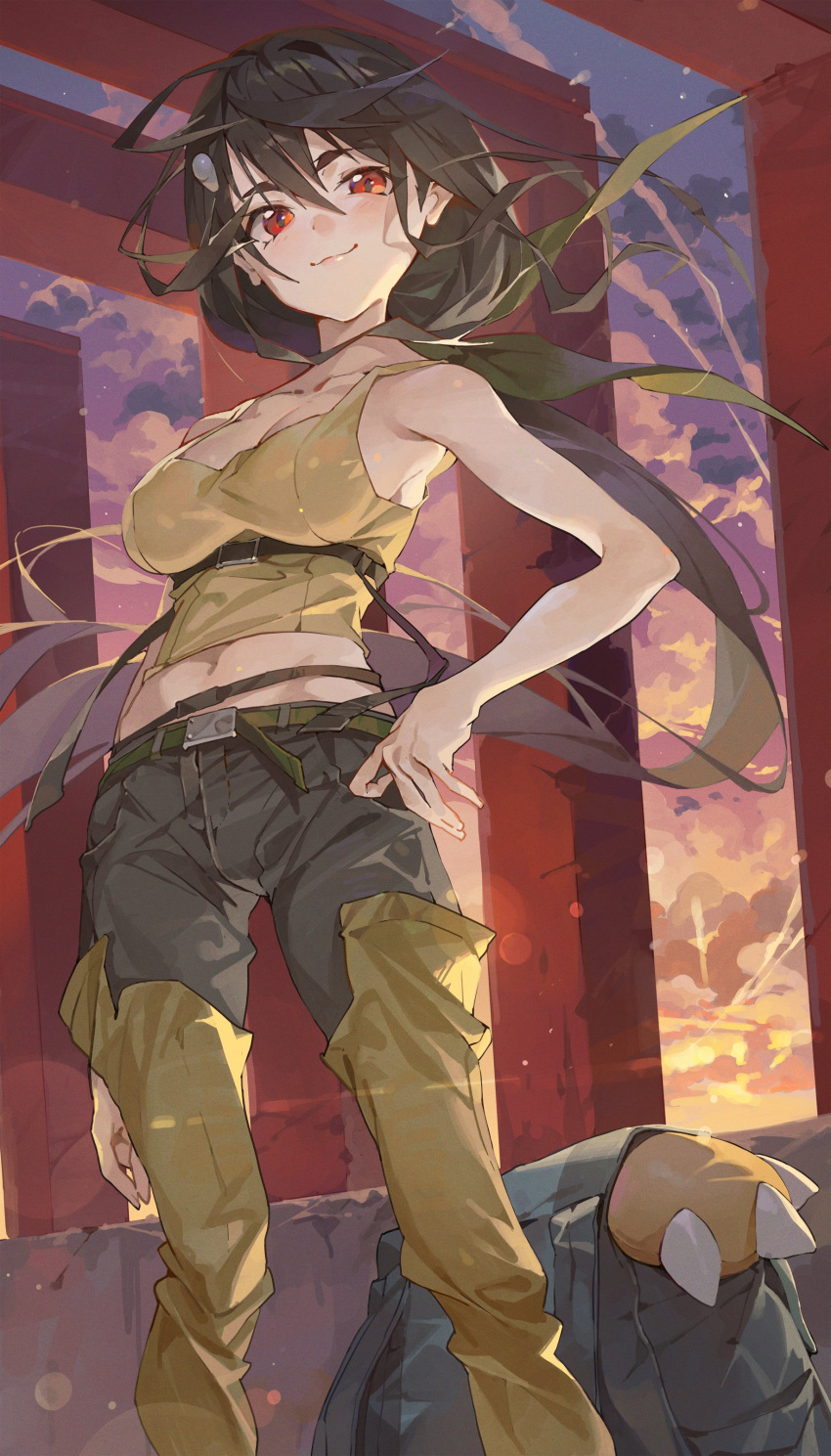 1girl absurdres aged_up arm_at_side backpack bag bangs belt black_hair black_shorts blue_sky closed_mouth clouds cloudy_sky collarbone gradient_hair green_hair hair_ornament hairclip hand_on_hip highres hxxg light_blush long_hair looking_at_viewer monogatari_(series) multicolored_hair pants ponytail purple_sky red_eyes shorts sky smile solo standing sunset tank_top yellow_pants yellow_sky yellow_tank_top