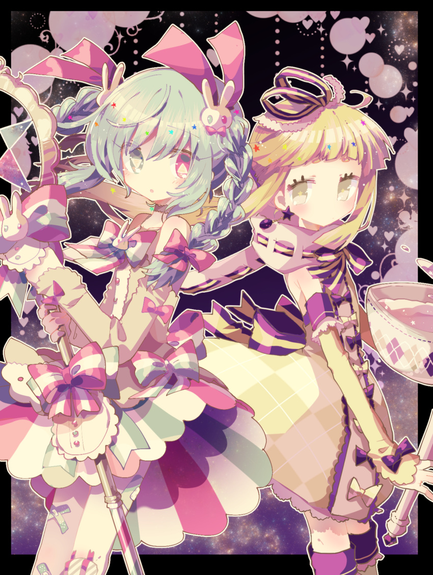 2girls bandaid bandaid_on_leg bangs blonde_hair bow braid bright_pupils bunny_hair_ornament detached_sleeves dress expressionless green_eyes green_hair hair_ornament hair_ribbon heterochromia highres holding holding_wand lace-trimmed_dress lace_trim magical_girl multiple_girls neck_ribbon no_nose original parted_lips pink_bow pink_eyes pink_ribbon pleated_skirt purple_bow ribbon skirt star-shaped_pupils star_(symbol) symbol-shaped_pupils thigh-highs treccia_pechemint twin_braids usagi_nui wand whip_(usagi_nui) yellow_bow yellow_dress yellow_eyes yellow_pupils yellow_sleeves yellow_thighhighs