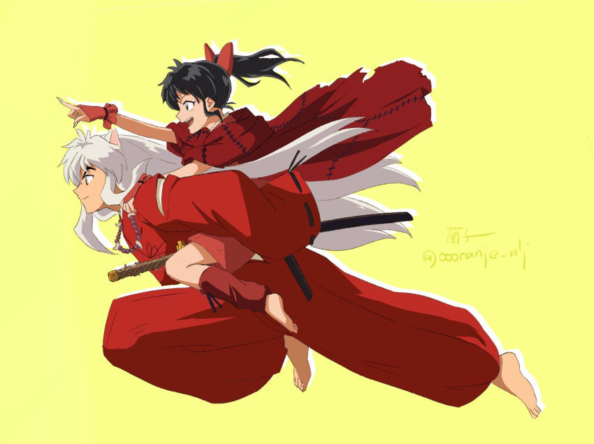 1boy 1girl animal_ears bangs barefoot black_hair bow carrying dog_ears father_and_daughter full_body hair_bow han'you_no_yashahime highres inuyasha inuyasha_(character) japanese_clothes jewelry kimono long_hair moroha necklace oooranje_nlj open_mouth piggyback pointing red_bow red_kimono sheath sheathed sword twitter_username weapon white_hair yellow_background