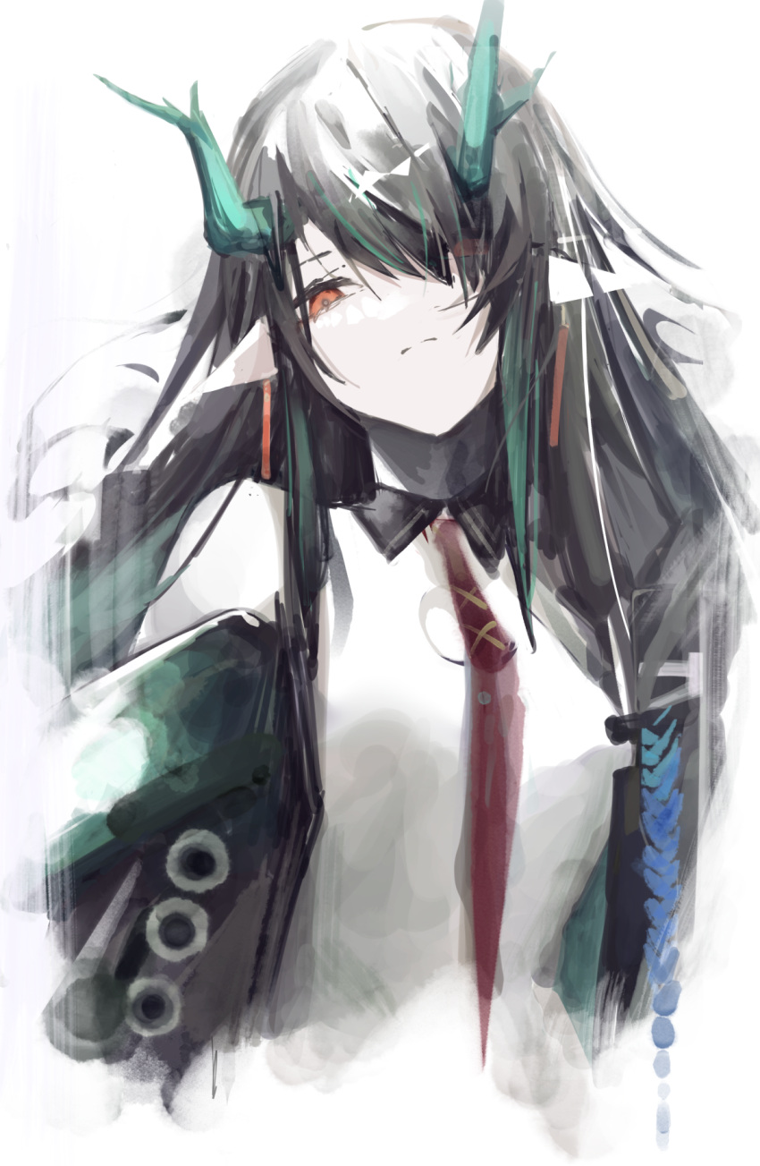 1girl ankoro_mochi arknights black_collar black_hair black_jacket china_dress chinese_clothes cleavage_cutout clothing_cutout collar dragon_horns dress dusk_(arknights) earrings eyes_visible_through_hair frown green_hair hair_over_one_eye highres horns jacket jewelry looking_at_viewer multicolored_hair necktie open_clothes open_jacket orange_eyes pointy_ears red_necktie simple_background solo split_mouth streaked_hair tassel tassel_earrings upper_body white_background white_dress