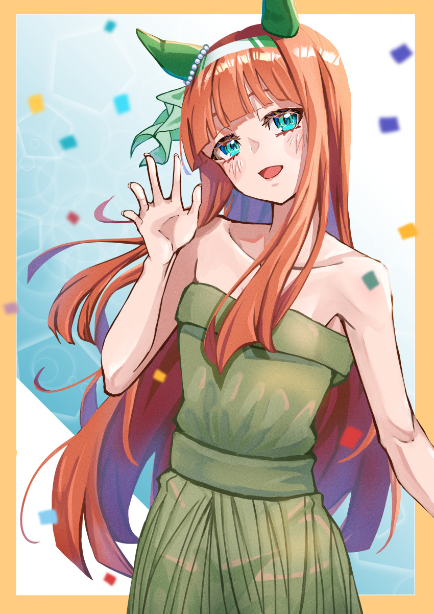 1girl absurdres animal_ears bangs bare_arms bare_shoulders blush border collarbone confetti dress ear_covers flat_chest green_dress green_eyes hairband hand_up highres horse_ears kento_(kentdrawing) long_hair looking_at_viewer open_mouth orange_hair outside_border silence_suzuka_(umamusume) smile solo strapless strapless_dress umamusume waving yellow_border