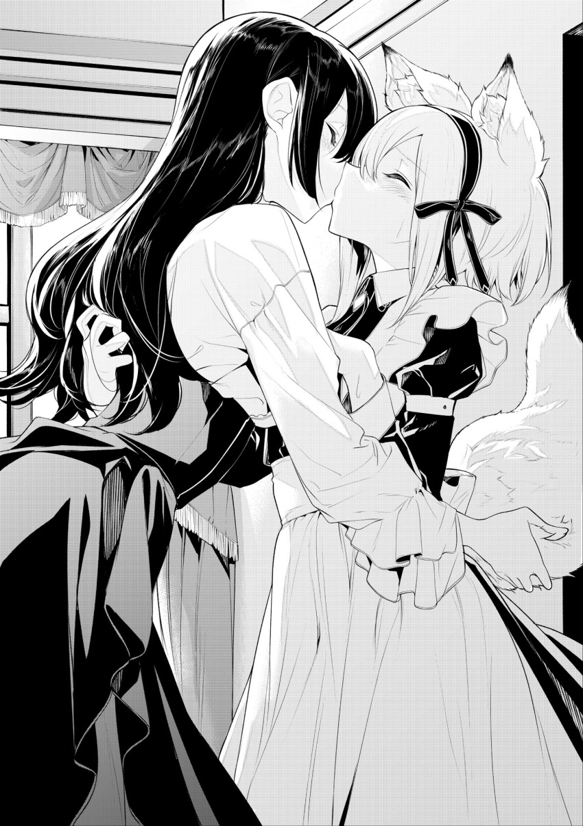2girls animal_ear_fluff animal_ears apron blush closed_eyes commentary_request greyscale highres indoors kiss long_hair maid_apron monochrome multiple_girls original short_hair tail tail_grab yuri zanka_(the-only-neat)