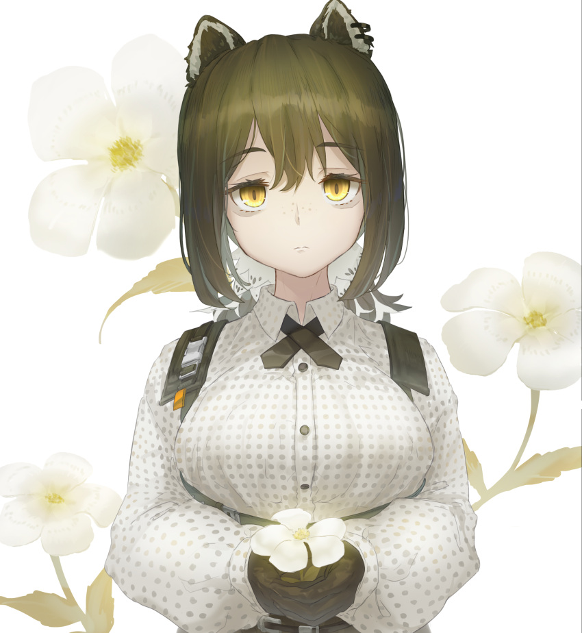 1girl absurdres animal_ears arknights bangs breasts brown_hair buckle buttons closed_mouth collared_shirt dassyoku earrings expressionless flower freckles highres holding holding_flower jewelry large_breasts long_sleeves looking_at_viewer polka_dot polka_dot_shirt raccoon_ears raccoon_girl robin_(arknights) shirt short_hair sidelocks slit_pupils solo straight-on strap upper_body white_background white_flower white_shirt yellow_eyes