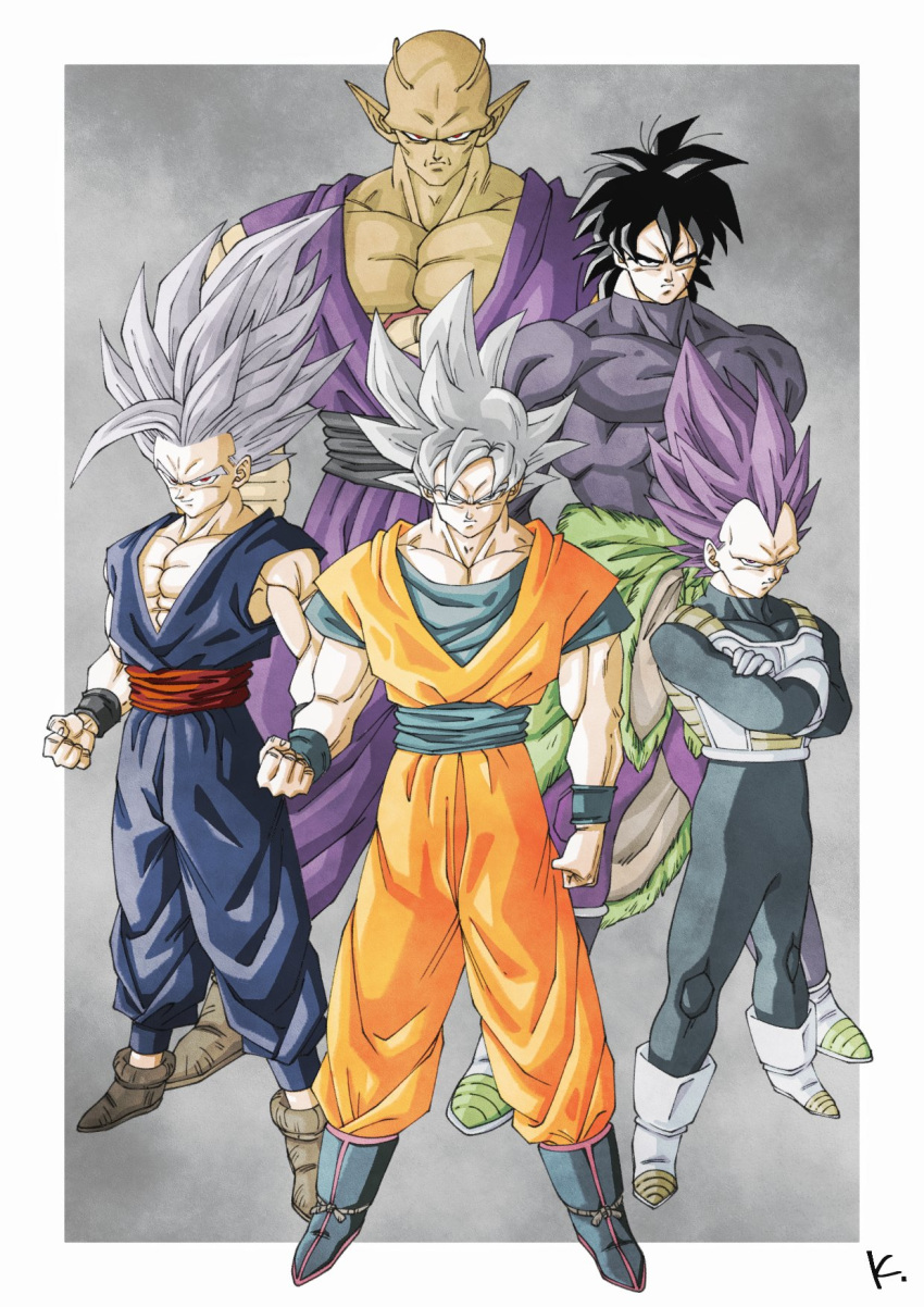 abs antennae armor black_eyes black_hair boots broly_(dragon_ball_super) colored_skin dougi dragon_ball dragon_ball_super dragon_ball_super_broly dragon_ball_super_super_hero dragon_ball_z father_and_son gloves gohan_beast highres kakeru_(dbskakeru) looking_at_viewer male_focus multiple_boys muscular muscular_male official_style orange_piccolo orange_skin pectorals piccolo saiyan_armor scar short_hair simple_background son_gohan son_goku spiky_hair spoilers ultra_ego ultra_instinct vegeta white_gloves wristband