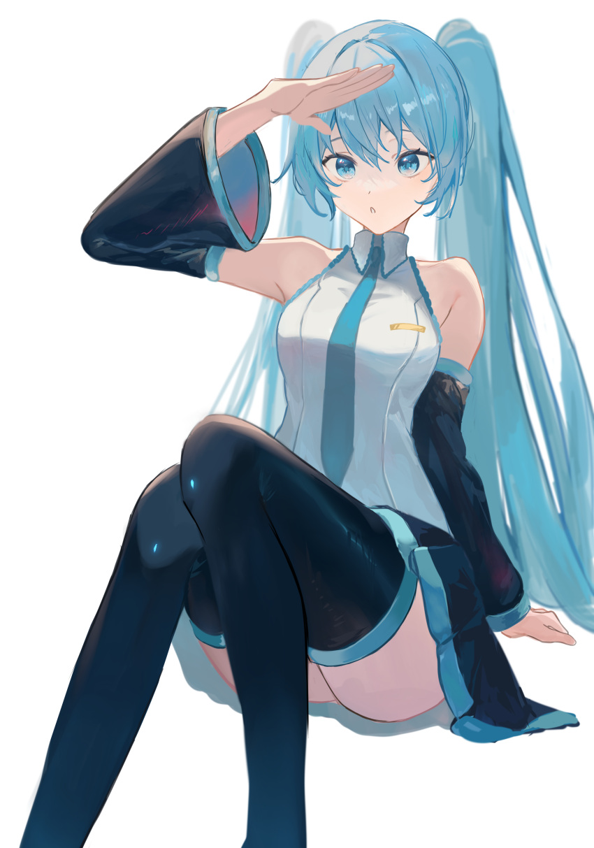 1girl absurdres arm_up bangs black_skirt black_sleeves black_thighhighs blue_eyes blue_hair blue_necktie collared_shirt detached_sleeves hair_between_eyes hatsune_miku highres long_hair long_sleeves miniskirt necktie open_mouth pleated_skirt shiny shiny_hair shirt simple_background sitting skirt sleeveless sleeveless_shirt solo thigh-highs twintails very_long_hair vocaloid white_background white_shirt wing_collar yukihira_makoto zettai_ryouiki