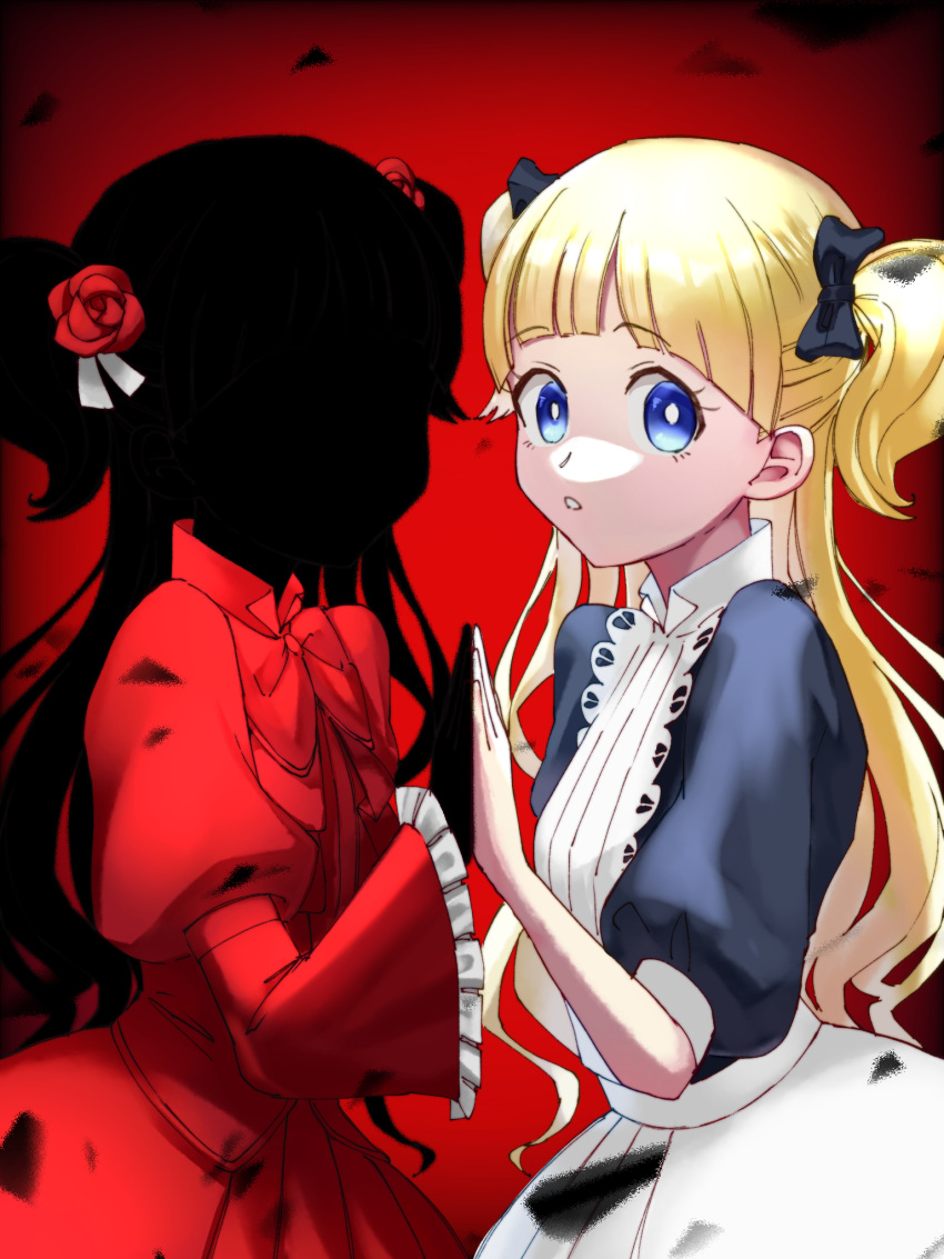 2girls apron blonde_hair blue_bow blue_dress blue_eyes bow commentary_request dress emilico_(shadows_house) flower frilled_sleeves frills hair_bow hair_flower hair_ornament higenoyatsu highres holding_hands juliet_sleeves kate_(shadows_house) long_hair long_sleeves looking_at_viewer multiple_girls parted_lips puffy_sleeves red_dress shadow_(shadows_house) shadows_house two_side_up upper_body