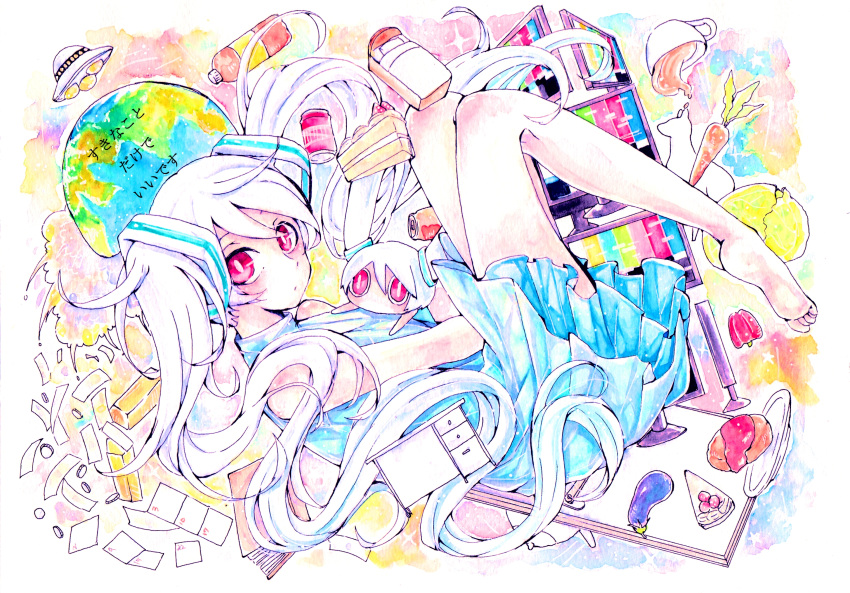2girls aimaina barefoot bed bell_pepper blue_dress book cabbage cake can carrot coin cup desk dot_mouth dress earth_(planet) eggplant floating food frilled_dress frills hatsune_miku highres long_hair looking_at_viewer multiple_girls nano_(symphony0101) painting_(medium) pepper planet plastic_bottle red_eyes short_dress sleeveless sleeveless_dress sukina_koto_dake_de_ii_desu_(vocaloid) television traditional_media turtleneck_dress twintails ufo vegetable very_long_hair vocaloid watercolor_(medium) white_hair