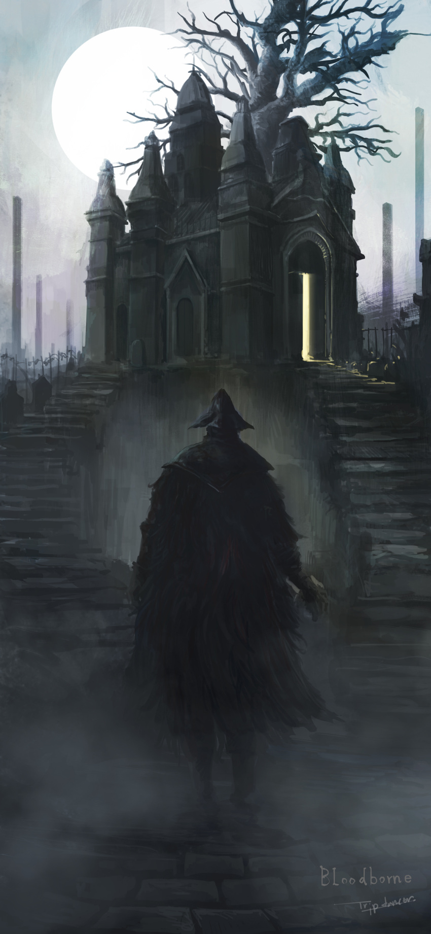 1girl absurdres artist_name black_headwear bloodborne boots building copyright_name eileen_the_crow facing_viewer feather-trimmed_coat from_behind highres light moon solo stairs standing tree tripdancer
