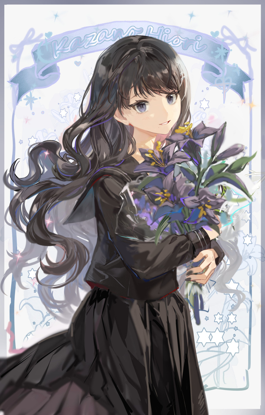 1girl absurdres black_eyes black_hair black_serafuku bouquet commentary_request flower highres idolmaster idolmaster_shiny_colors kazano_hiori long_hair long_skirt long_sleeves looking_at_viewer mokuto mole mole_under_mouth sailor_collar school_uniform serafuku skirt solo