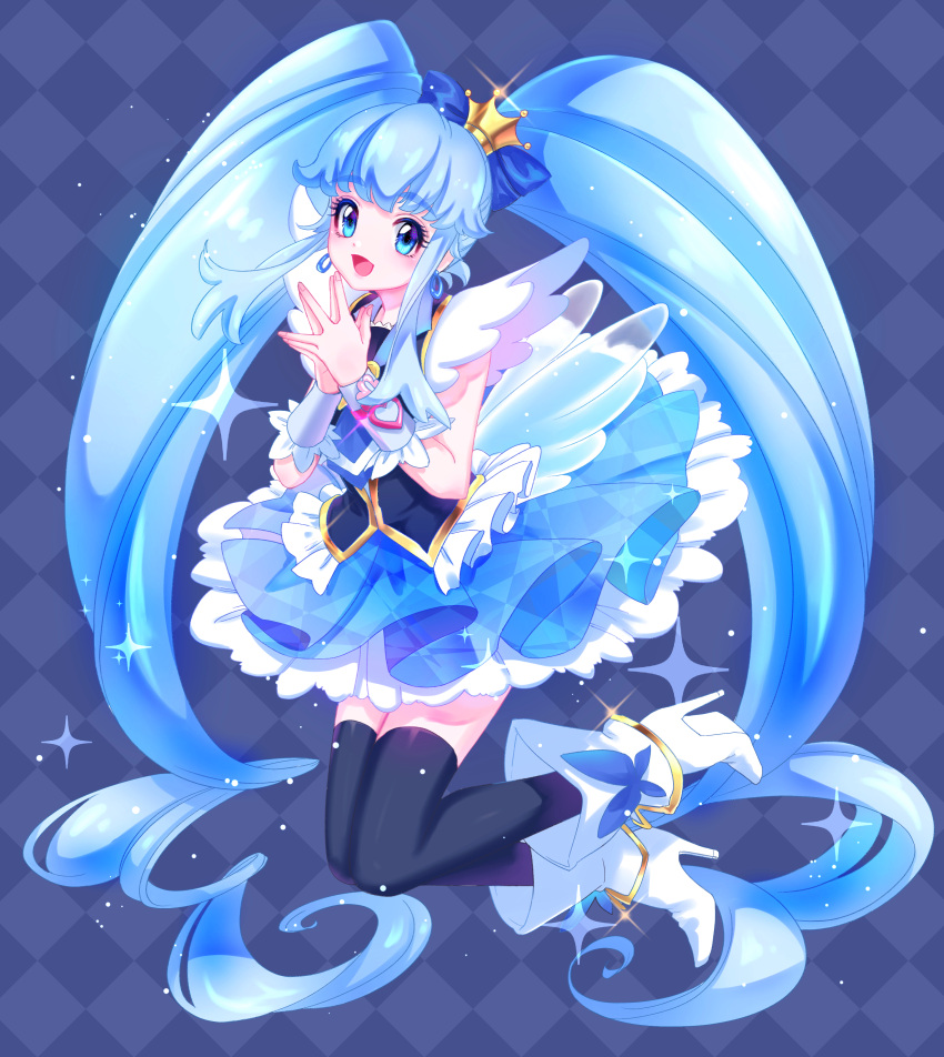 1girl absurdres argyle argyle_background black_thighhighs blue_background blue_eyes blue_hair blue_skirt blue_theme boots brooch crown cure_princess frills full_body hair_bun happinesscharge_precure! heart_hair_bun high_heels highres jewelry kisumi_rei long_hair looking_at_viewer magical_girl mini_crown open_mouth precure shirayuki_hime short_sleeves skirt smile solo sparkle thigh-highs twintails very_long_hair vest white_footwear wing_brooch wing_earrings wings