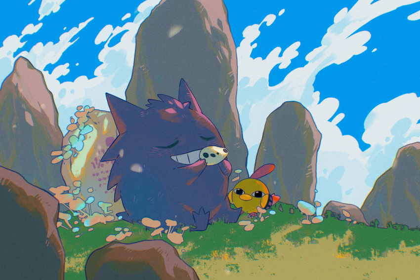 bird black_eyes closed_eyes clouds commentary_request day gengar grass grin highres holding natu no_humans outdoors pokemon pokemon_(creature) sky smile stone teeth wulie_errr