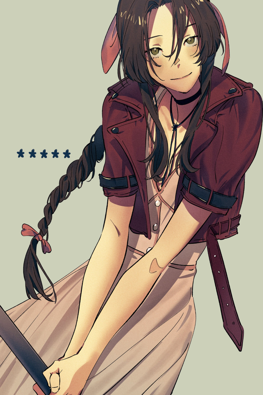 1girl absurdres aerith_gainsborough bangs braid braided_ponytail brown_hair buttons choker cowboy_shot cropped_jacket dress etaa89 fighting_stance final_fantasy final_fantasy_vii final_fantasy_vii_remake flower_choker green_eyes grey_background hair_ribbon highres holding holding_staff jacket long_dress long_hair looking_at_viewer parted_bangs pink_dress pink_ribbon red_jacket ribbon short_sleeves sidelocks smile solo staff v_arms