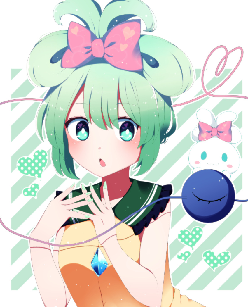 1girl absurdres adapted_costume alternate_hairstyle blush bow buttons cinnamoroll collared_shirt commentary_request diagonal_stripes diamond_button eyeball fingernails frilled_shirt frills green_eyes green_hair green_nails hair_between_eyes hair_bow heart heart_of_string highres komeiji_koishi nail_polish open_mouth pink_bow shirt short_hair sleeveless sleeveless_shirt solo striped striped_background third_eye touhou upper_body yellow_shirt you_(noanoamoemoe)