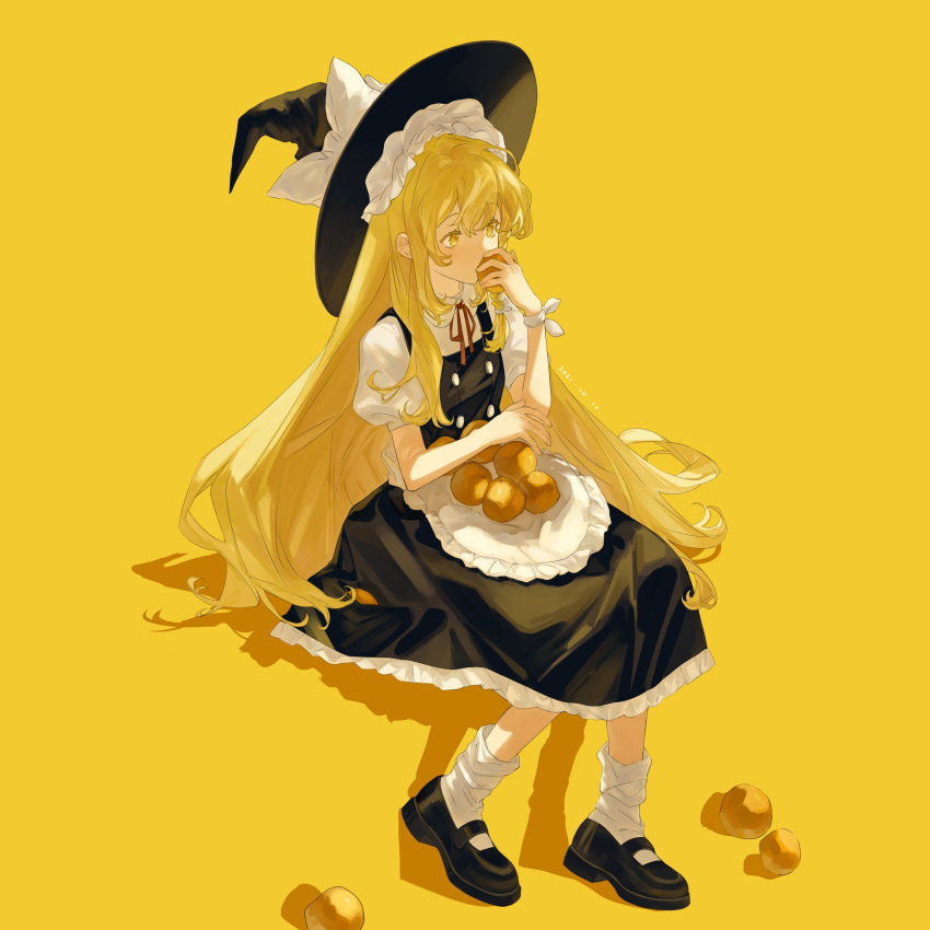 1girl absurdres apron arm_ribbon black_footwear black_headwear black_skirt black_vest blonde_hair blush bow buttons collared_shirt covering_mouth fingernails food fruit full_body hair_between_eyes hair_ribbon hand_up hat hat_bow highres holding holding_food holding_fruit kirisame_marisa long_hair looking_afar mary_janes neck_ribbon orange_(fruit) puffy_short_sleeves puffy_sleeves red_ribbon ribbon shirt shoes short_sleeves simple_background skirt skirt_set socks solo touhou very_long_hair vest waist_apron white_apron white_bow white_shirt white_socks witch_hat yayashikailixiaojietoushangdexingxing yellow_background yellow_eyes