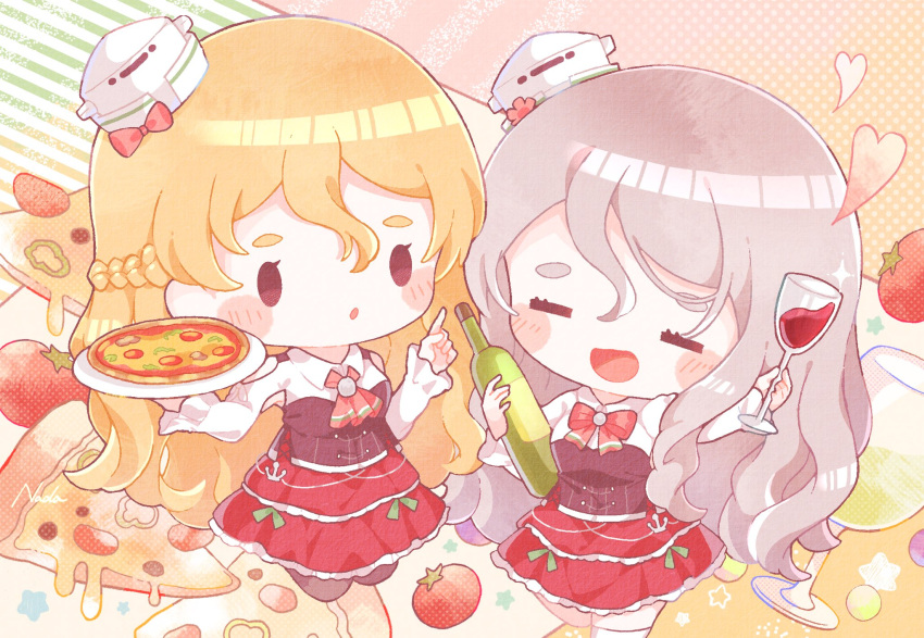 2girls alcohol ascot blonde_hair blush_stickers bottle bow bowtie closed_eyes collared_shirt cup drinking_glass food grey_hair hair_between_eyes hat highres holding holding_bottle kantai_collection long_hair long_sleeves mini_hat multiple_girls nada_namie open_mouth pizza pola_(kancolle) red_ascot red_bow red_bowtie red_skirt shirt skirt smile thigh-highs tomato vegetable white_headwear white_shirt white_thighhighs wine wine_bottle wine_glass zara_(kancolle)