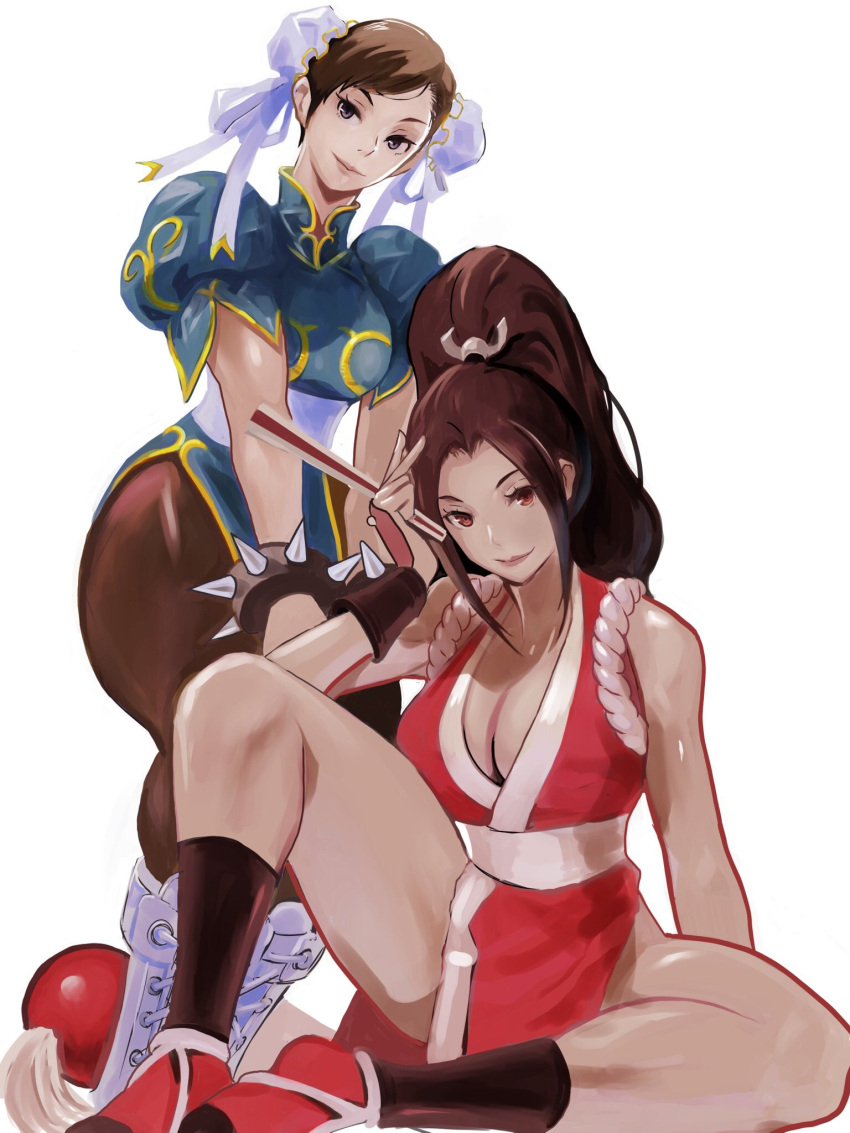 2girls boots bracelet breasts brown_eyes brown_hair bun_cover china_dress chinese_clothes chun-li double_bun dress gold_trim hair_bun hand_fan highres jewelry looking_at_viewer medium_breasts meke_(77842928) multiple_girls ninja on_ground pantyhose pelvic_curtain ponytail rope shiranui_mai smile spiked_bracelet spikes street_fighter the_king_of_fighters thighs white_background white_footwear