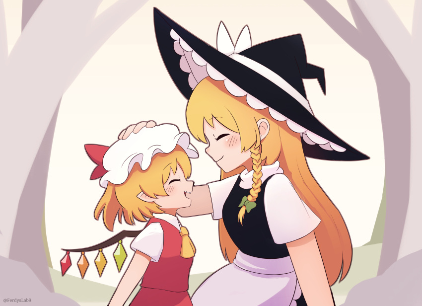 2girls absurdres apron ascot black_headwear blonde_hair braid closed_eyes closed_mouth crystal english_commentary facing_another ferdy's_lab flandre_scarlet from_side hat headpat highres kirisame_marisa long_hair mob_cap multiple_girls open_mouth pointy_ears red_skirt red_vest short_hair short_sleeves side_braid single_braid skirt smile touhou upper_body vest waist_apron white_apron white_headwear wings witch_hat yellow_ascot