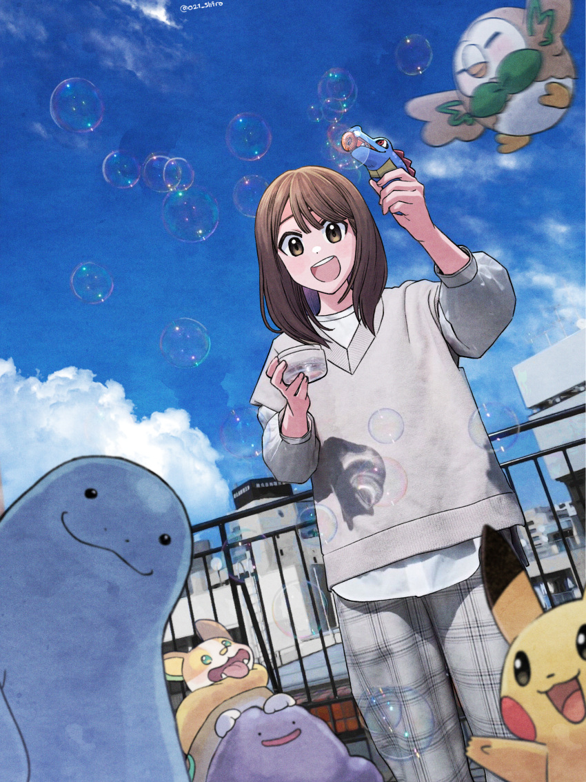 021_shiro 1girl absurdres blush brown_eyes brown_hair bubble character_request day ditto highres long_sleeves looking_at_viewer medium_hair open_mouth original outdoors pants pikachu pokemon pokemon_(creature) rowlet smile sweatshirt teeth totodile upper_teeth white_sweatshirt