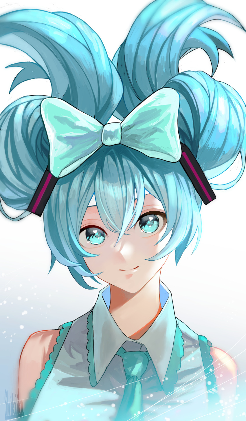 1girl absurdres aqua_bow aqua_necktie bare_shoulders blue_eyes blue_hair bow cinnamiku closed_mouth hair_between_eyes hair_bow hatsune_miku heart heart_in_eye highres light_blue_hair light_particles long_hair looking_at_viewer necktie signature smile solo symbol_in_eye tokishima_sikuka twintails vocaloid
