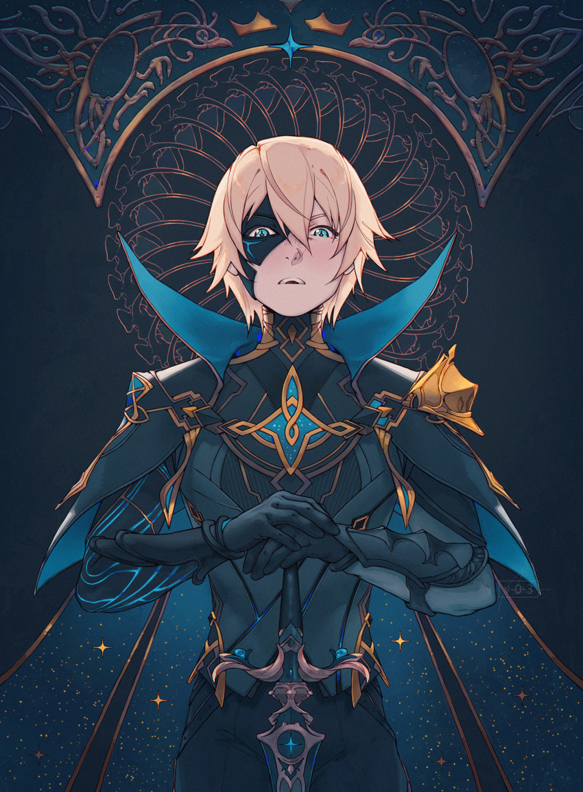 1boy bangs black_cape black_gloves black_jacket black_pants blonde_hair blue_cape blue_eyes cape collared_cape cowboy_shot dainsleif_(genshin_impact) english_commentary eyelashes genshin_impact gloves gold_trim hair_between_eyes half_mask hand_on_hilt high_collar highres jacket looking_at_viewer male_focus mask mask_over_one_eye open_mouth pants short_hair solo standing starry_sky_print sword teeth two-sided_cape two-sided_fabric upper_teeth vizerothree weapon