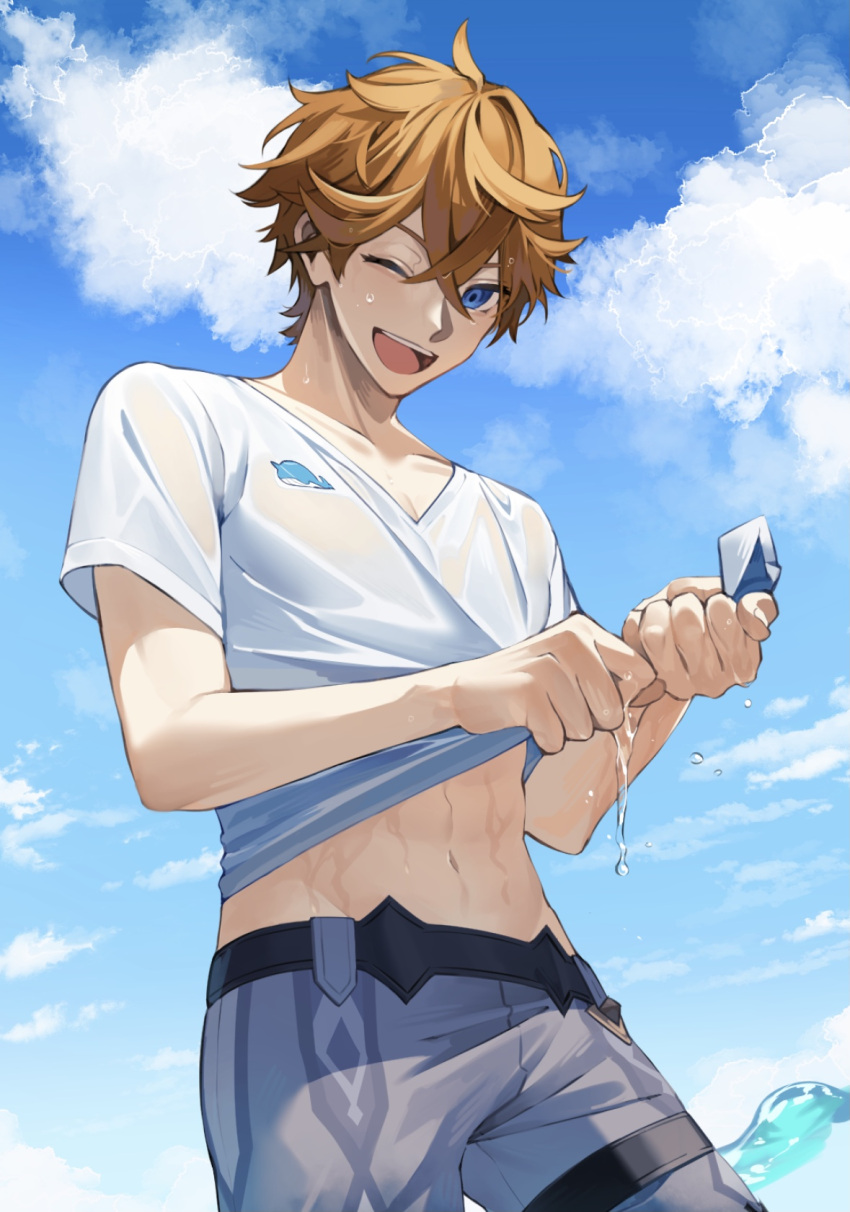 1boy ;d abs ahoge ayabu_sou bangs belt black_belt blue_eyes blue_sky blush clouds collarbone commentary_request crossed_bangs day eyelashes genshin_impact grey_pants hair_between_eyes hands_up highres holding holding_clothes holding_shirt looking_at_viewer male_focus navel one_eye_closed open_mouth orange_hair outdoors pants shirt short_hair short_sleeves sky smile solo stomach t-shirt tartaglia_(genshin_impact) teeth thigh_strap upper_teeth v-neck water wet wet_clothes wet_shirt white_shirt wringing_clothes
