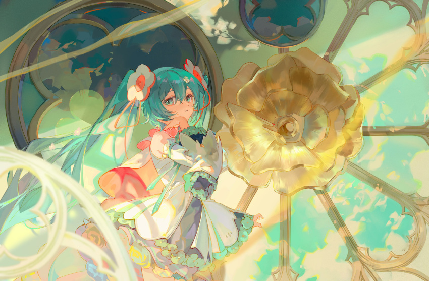 1girl aqua_eyes aqua_flower aqua_hair aqua_ribbon bangs cape commentary_request detached_sleeves dress dress_flower feet_out_of_frame flower hair_between_eyes hair_flower hair_ornament hair_ribbon hatsune_miku highres hlymoriia long_hair looking_at_viewer magical_mirai_(vocaloid) magical_mirai_miku magical_mirai_miku_(2021) parted_lips pink_cape red_ribbon ribbon solo twintails very_long_hair vocaloid white_dress white_flower white_sleeves wide_sleeves